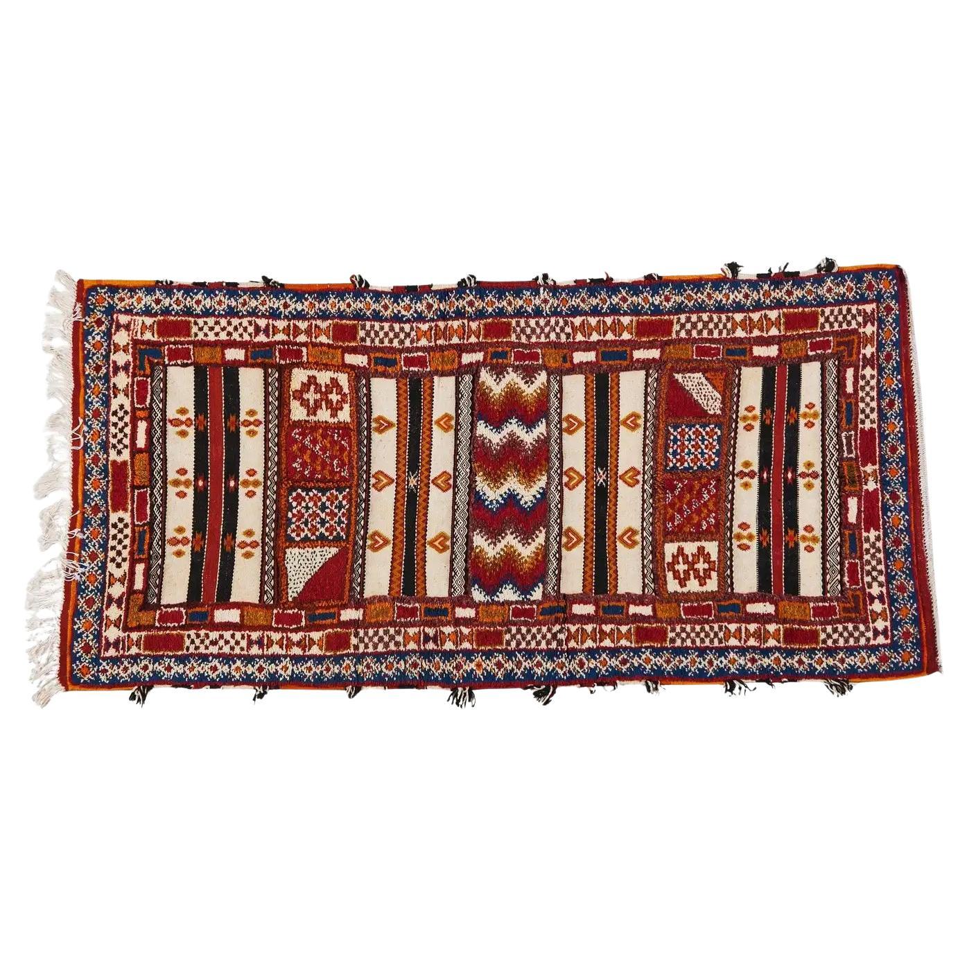 Boho Chic Moroccan Handwoven Wool  Rectangular Rug with Abstract Design For Sale