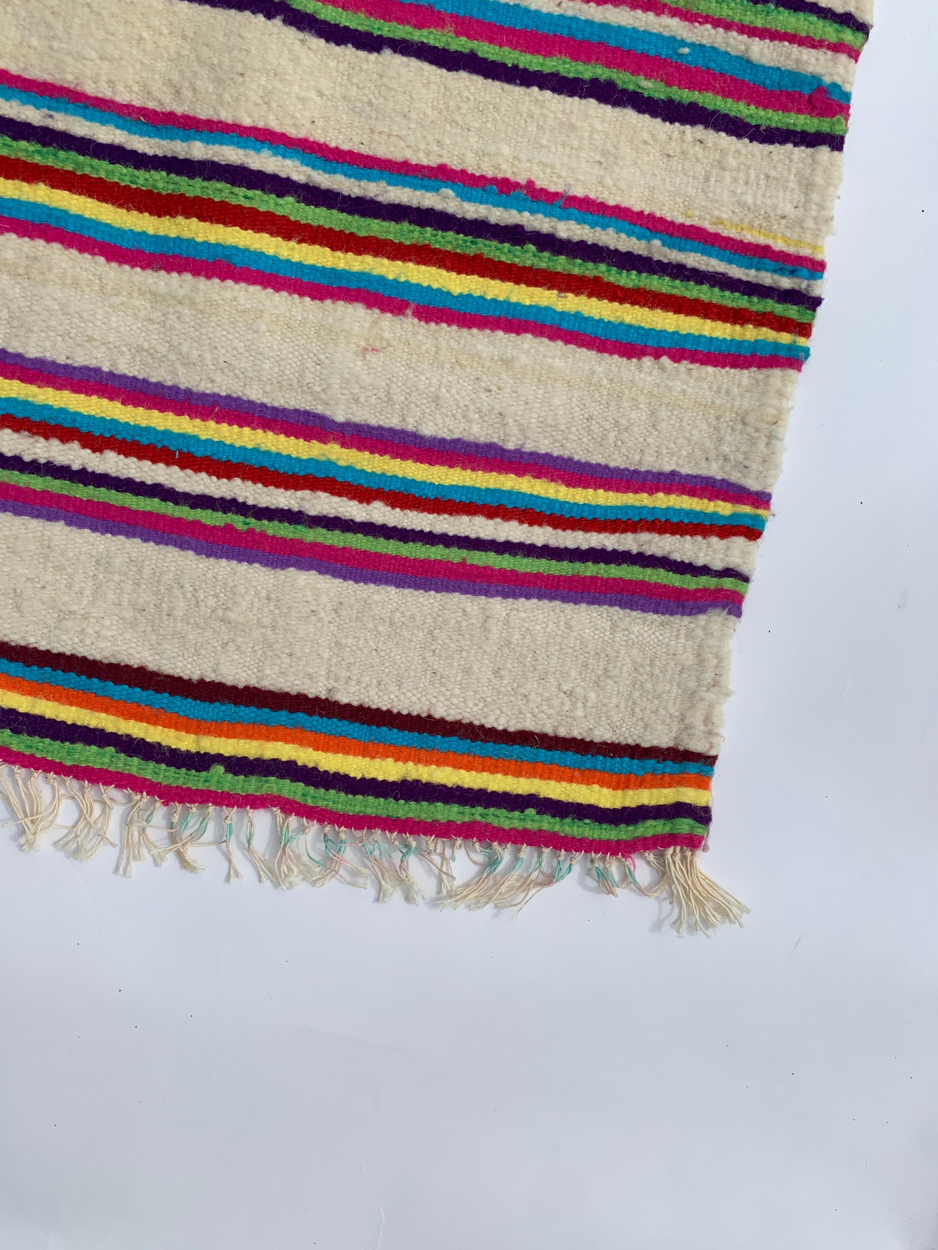 Algerian 1970s Berber Rug Multicolour Stripped Handmade Wool Vintage Boho African Throw For Sale
