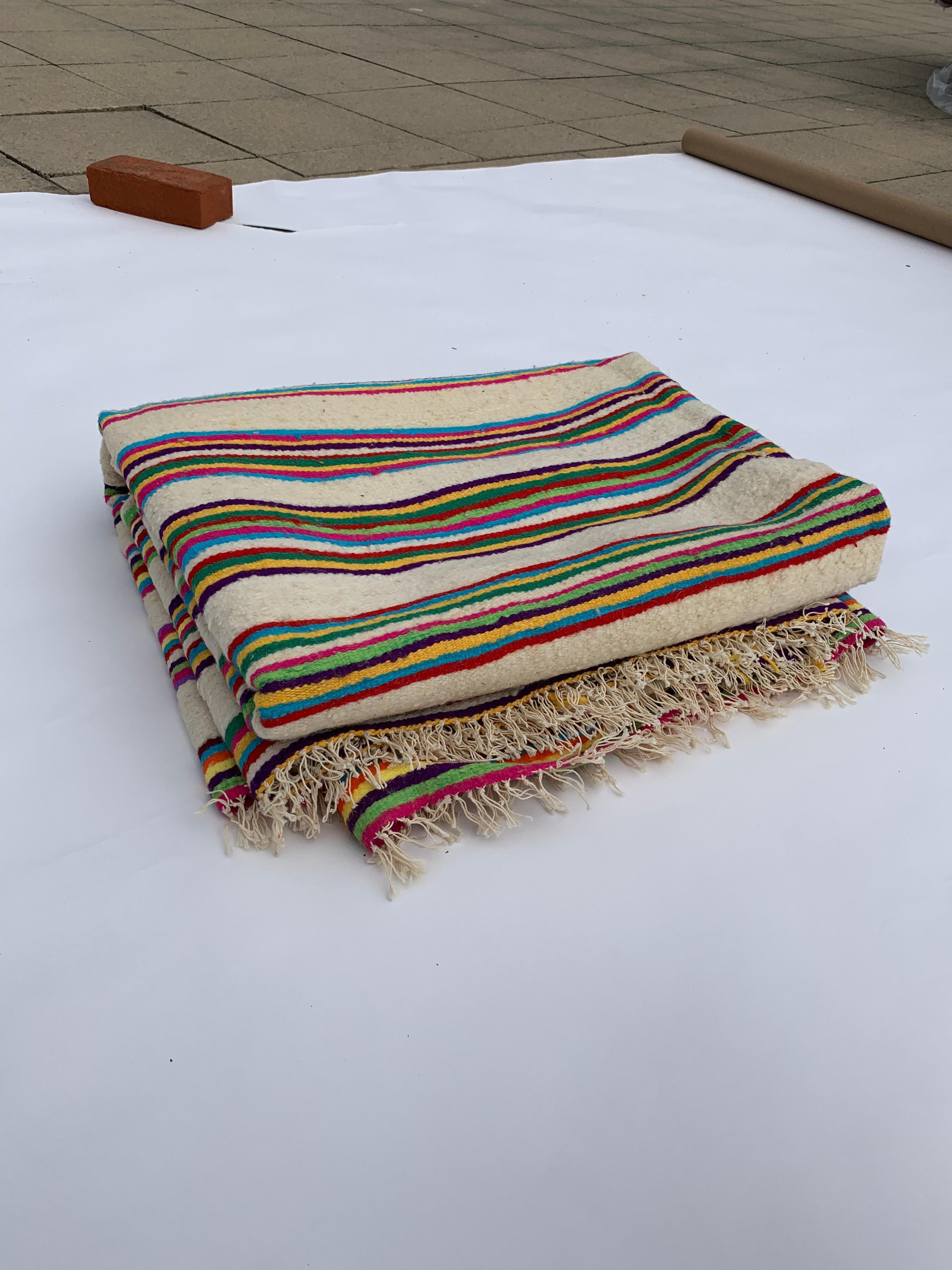 1970s Berber Rug Multicolour Stripped Handmade Wool Vintage Boho African Throw In Good Condition For Sale In London, GB
