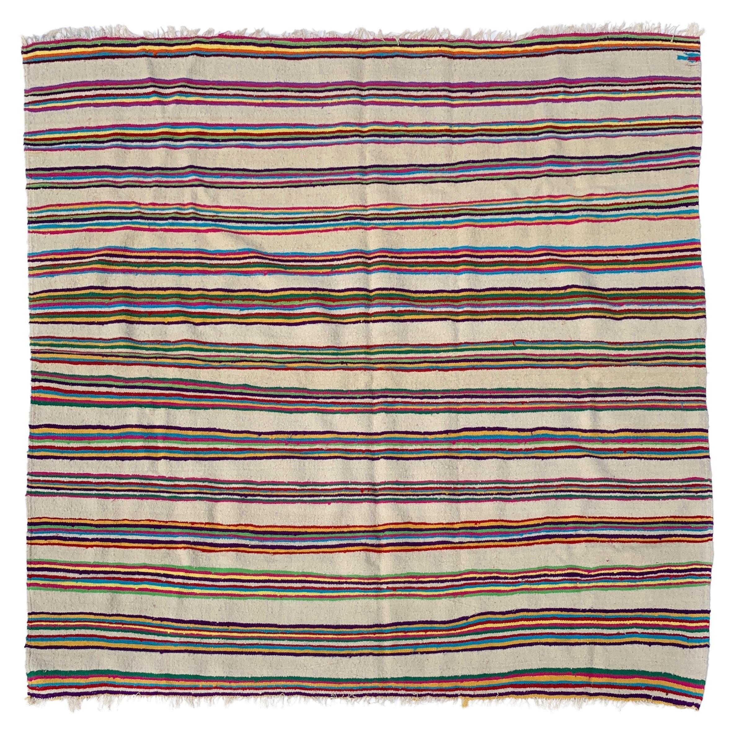 1970s Berber Rug Multicolour Stripped Handmade Wool Vintage Boho African Throw For Sale