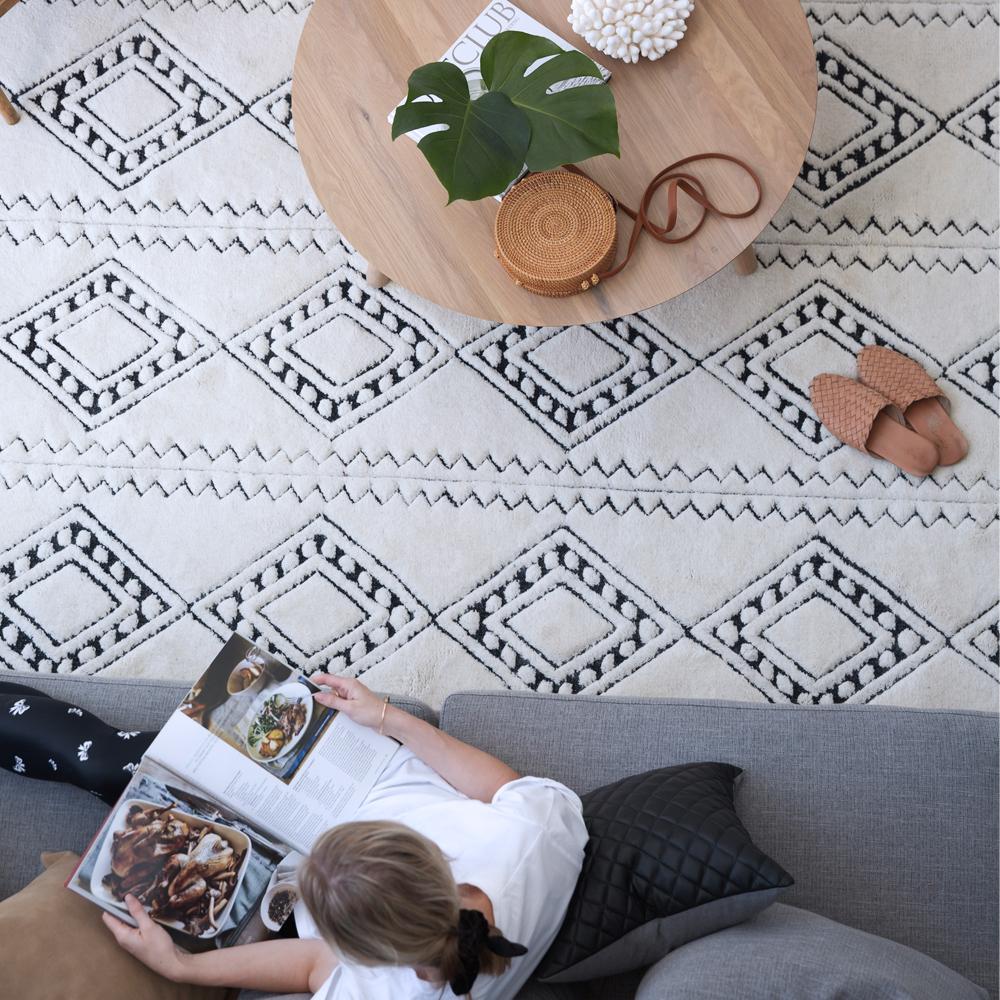 Hand-Woven Berber Styled Customizable Honeycomb Weave Rug in Cream or Black Large For Sale