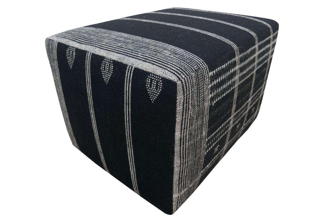 Berber Tribal handwoven wool ottoman. Custom versatile hand-built accent ottoman perfectly upholstered in global hand-spun organic wool in black & white color-way. Fully cushioned soft edge's and corners, solid wood inner-frame. Impeccably custom