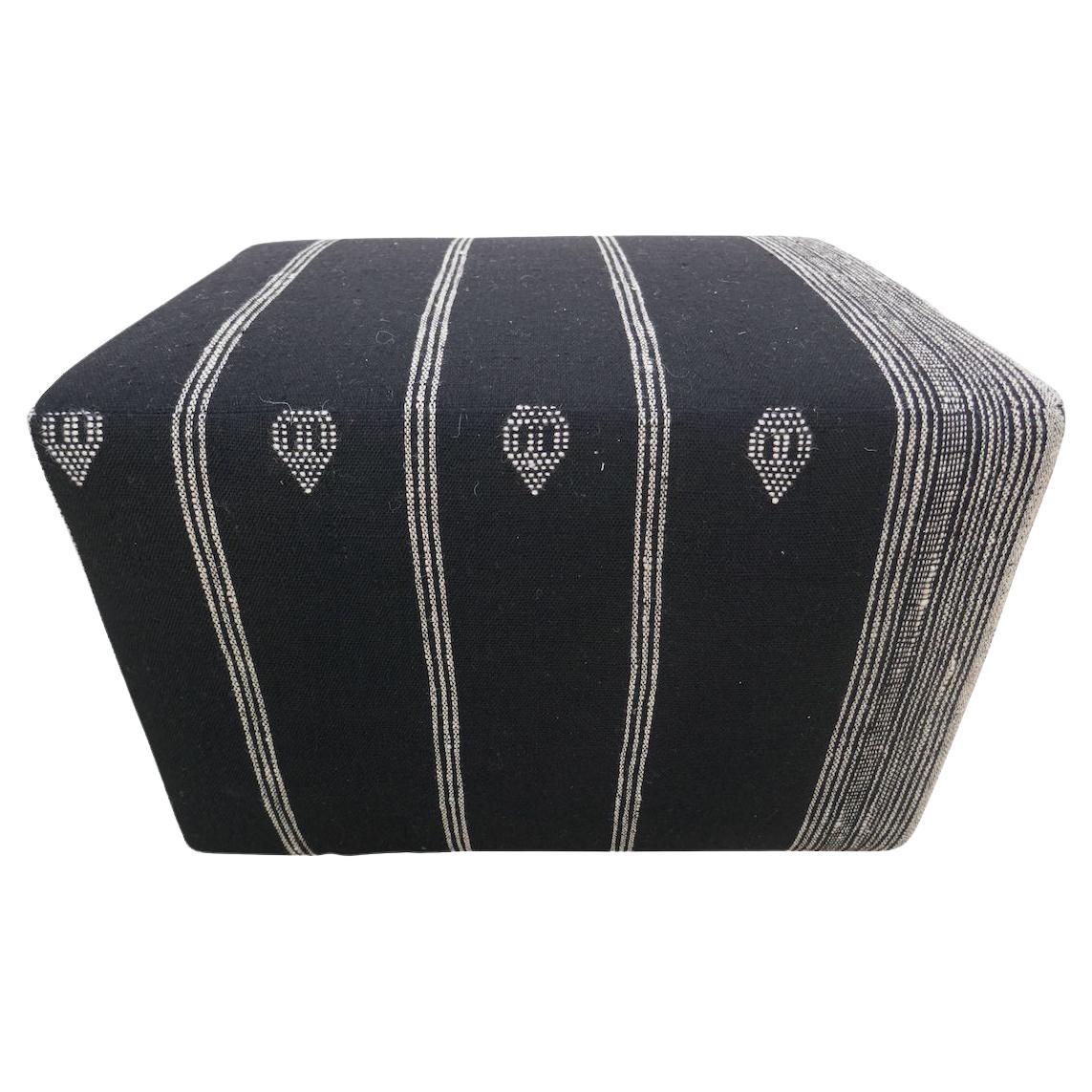 Berber Tribal Wool Accent Ottoman / Black & White For Sale