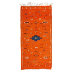 Berber Vintage Handwoven Organic Wool Rug in Abstract Patterns and Vivid Orange