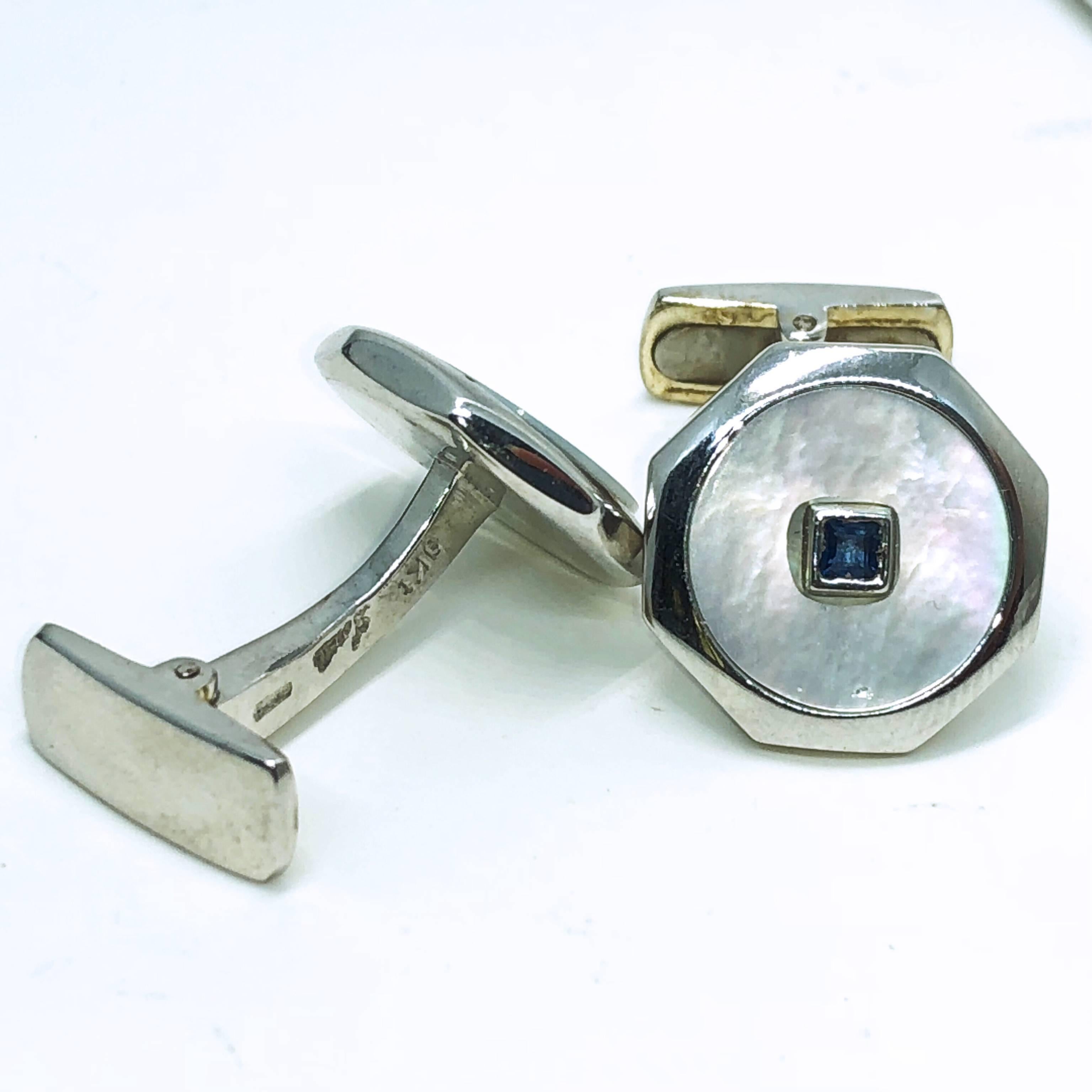 0.14 Natural Square Sapphire T-Bar Back White Gold Cufflinks 3
