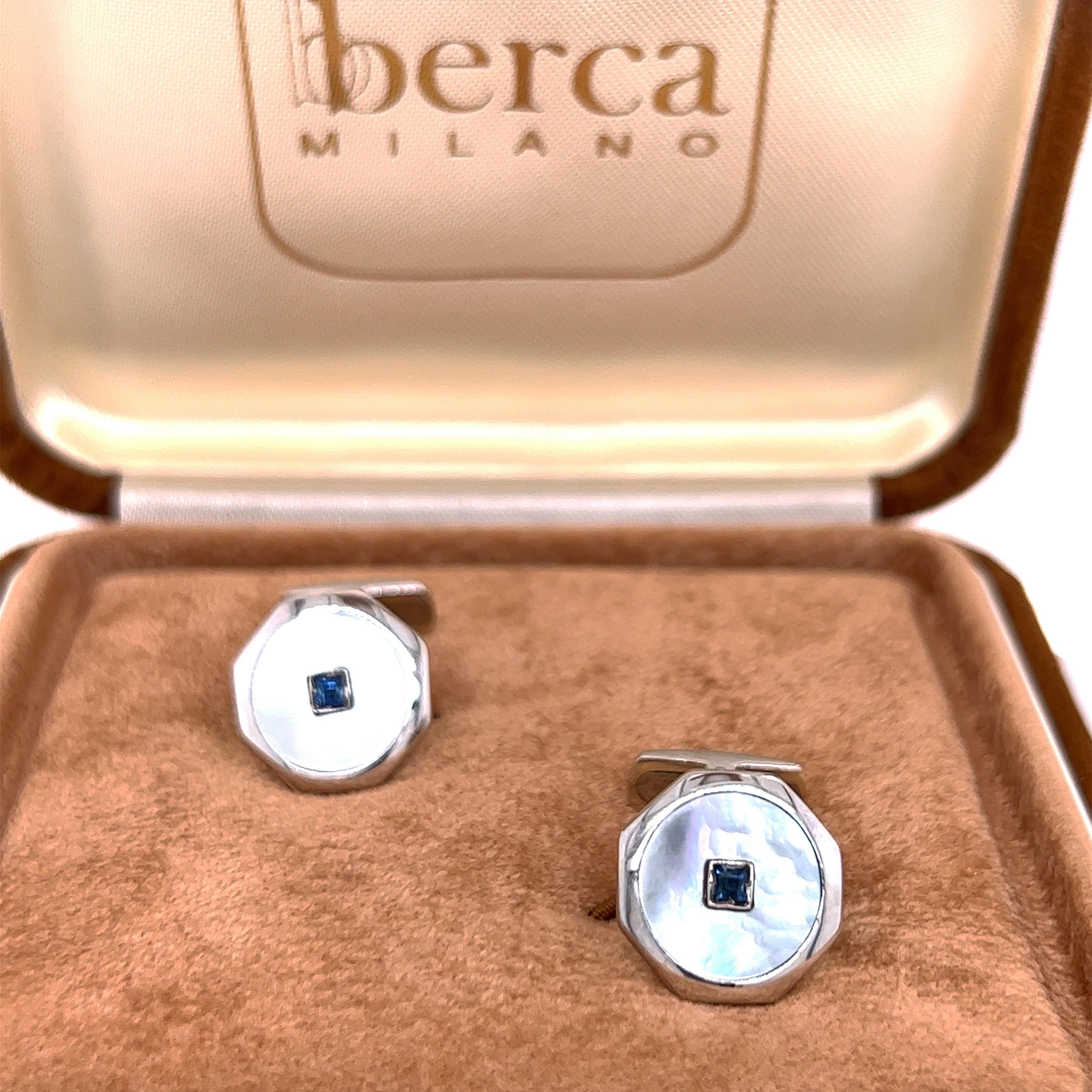 Berca 0.25 Natural Square Royal Blue Sapphire T-Bar Back White Gold Cufflinks For Sale 2