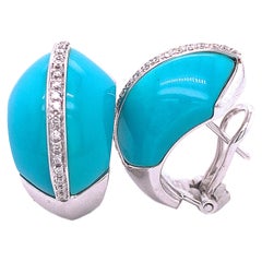 Berca 0.25Kt Diamond 21Kt Natural Hand Inlaid Turquoise White Gold Earrings
