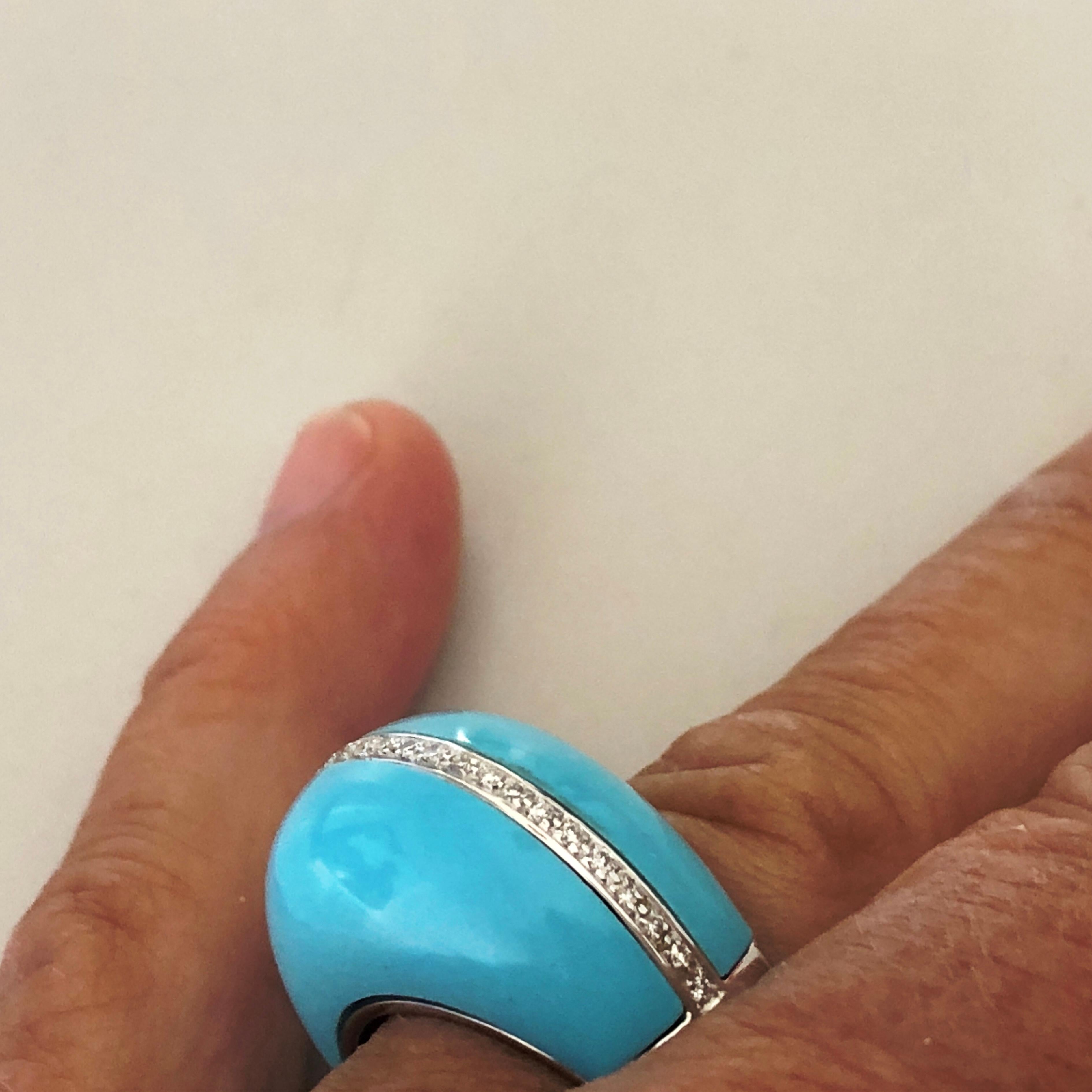 Berca 0.30Kt Diamond 21Kt Natural Hand Inlaid Turquoise White Gold Cocktail Ring 7