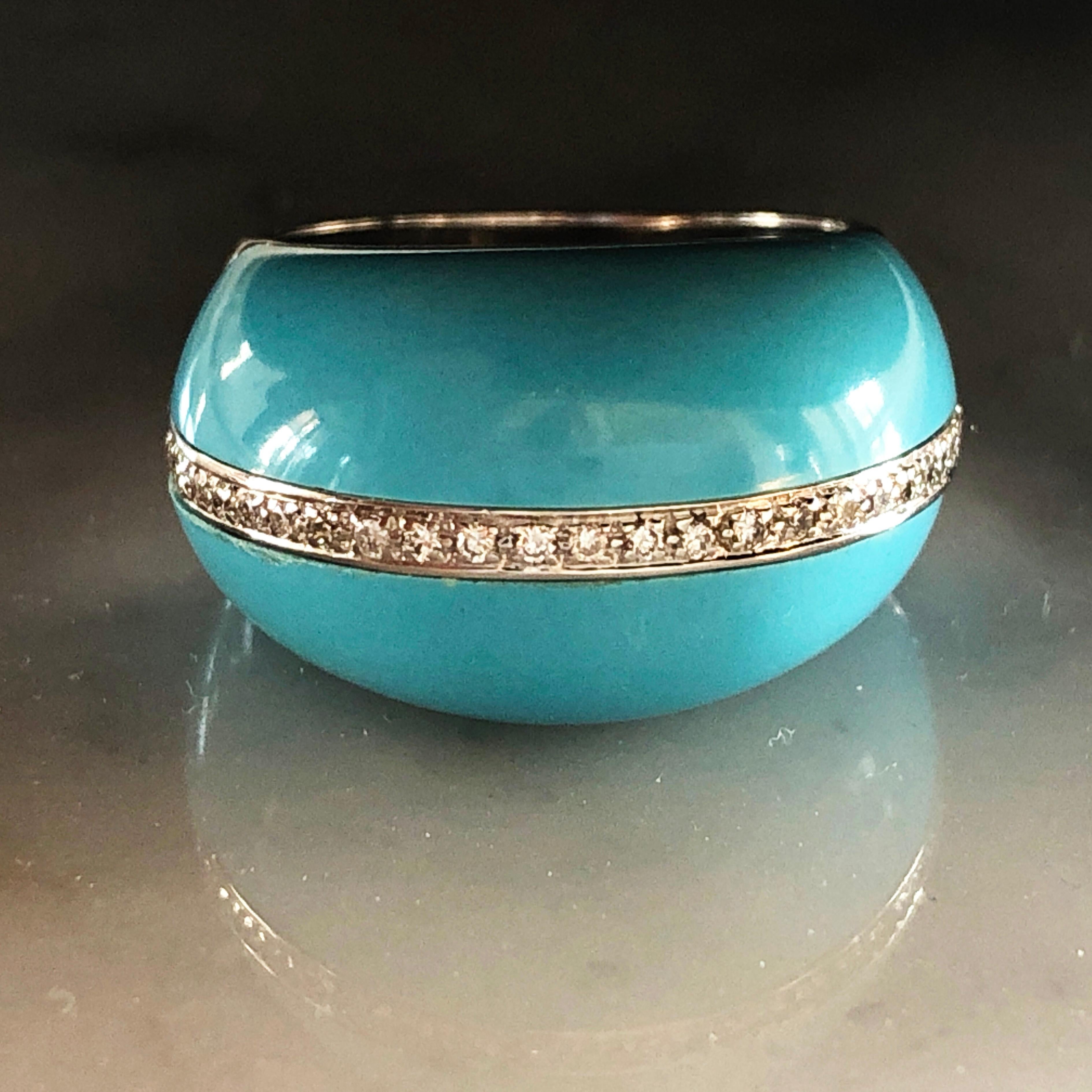 Contemporary Berca 0.30Kt Diamond 21Kt Natural Hand Inlaid Turquoise White Gold Cocktail Ring