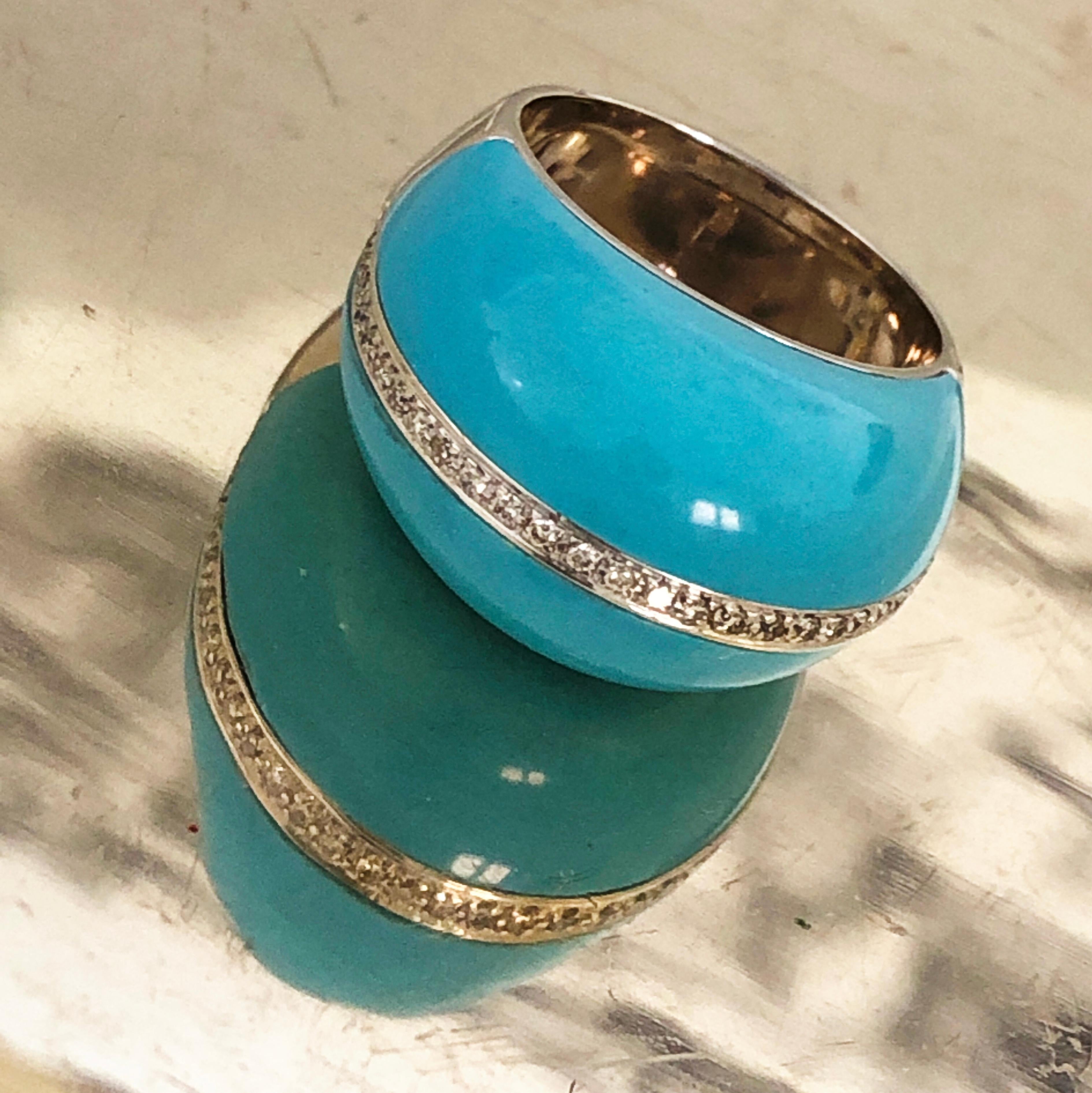 Berca 0.30Kt Diamond 21Kt Natural Hand Inlaid Turquoise White Gold Cocktail Ring In New Condition In Valenza, IT