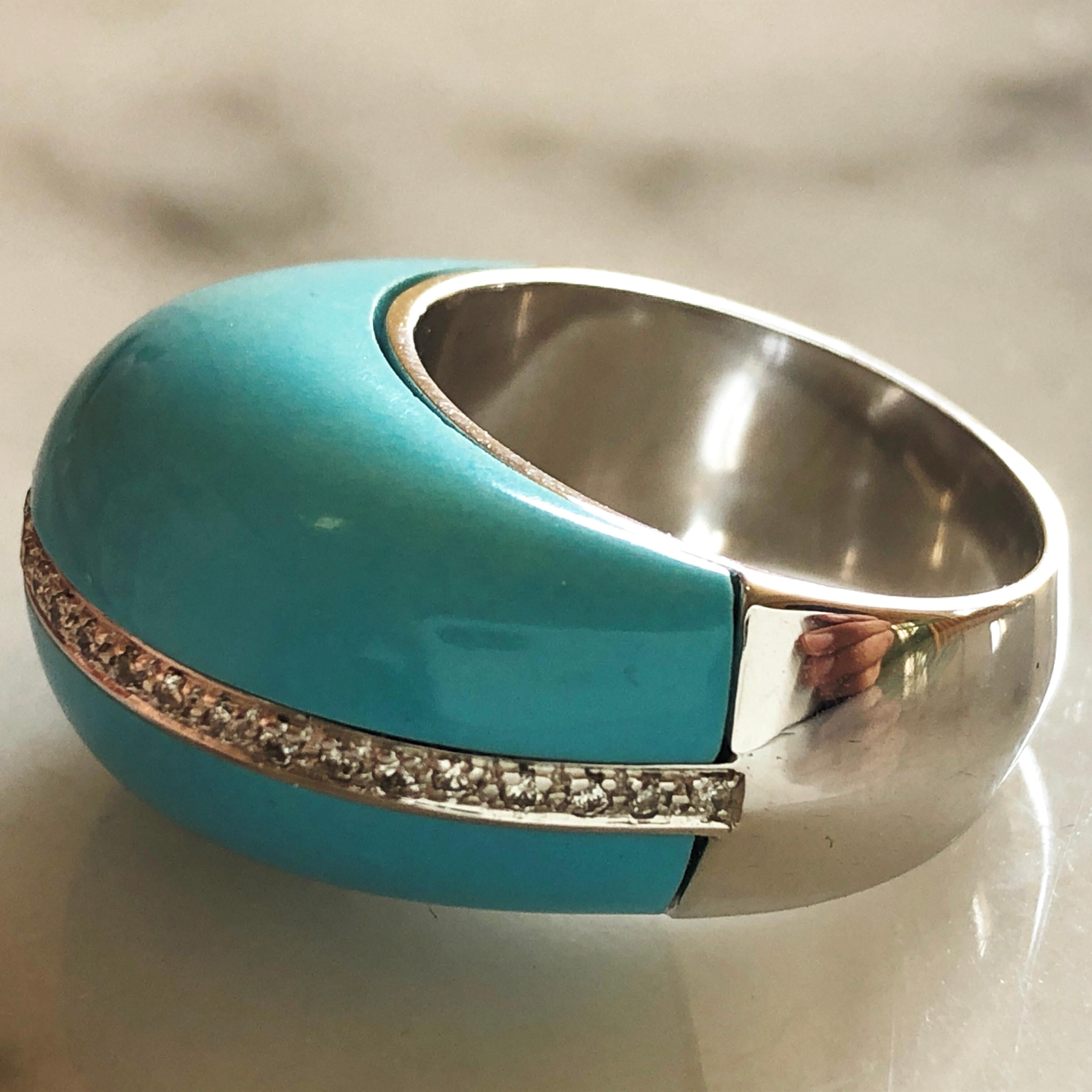 Berca 0.30Kt Diamond 21Kt Natural Hand Inlaid Turquoise White Gold Cocktail Ring 3