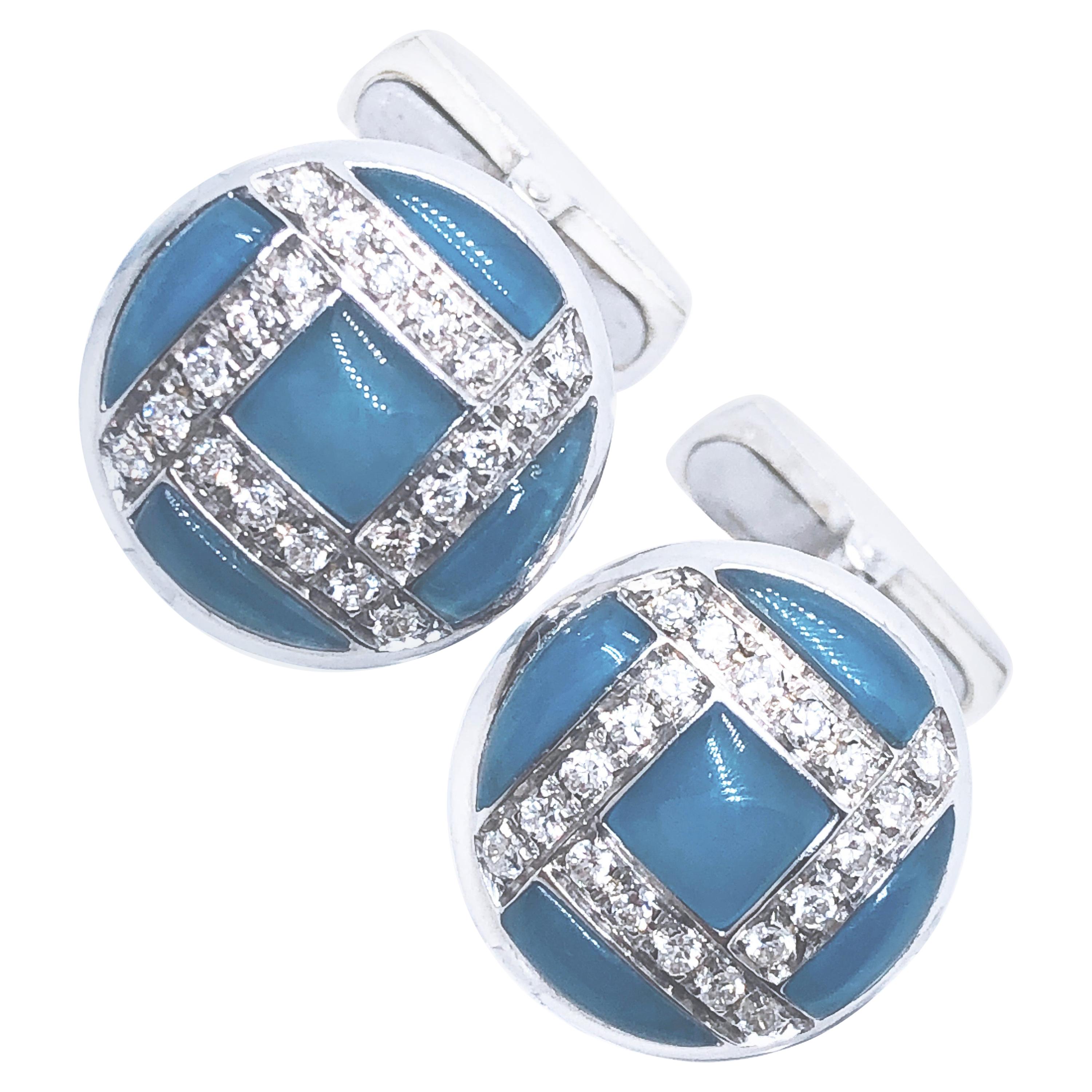 Berca 0.40 Kt White Diamond Hand Inlaid Blue Chalcedony White Gold Cufflinks