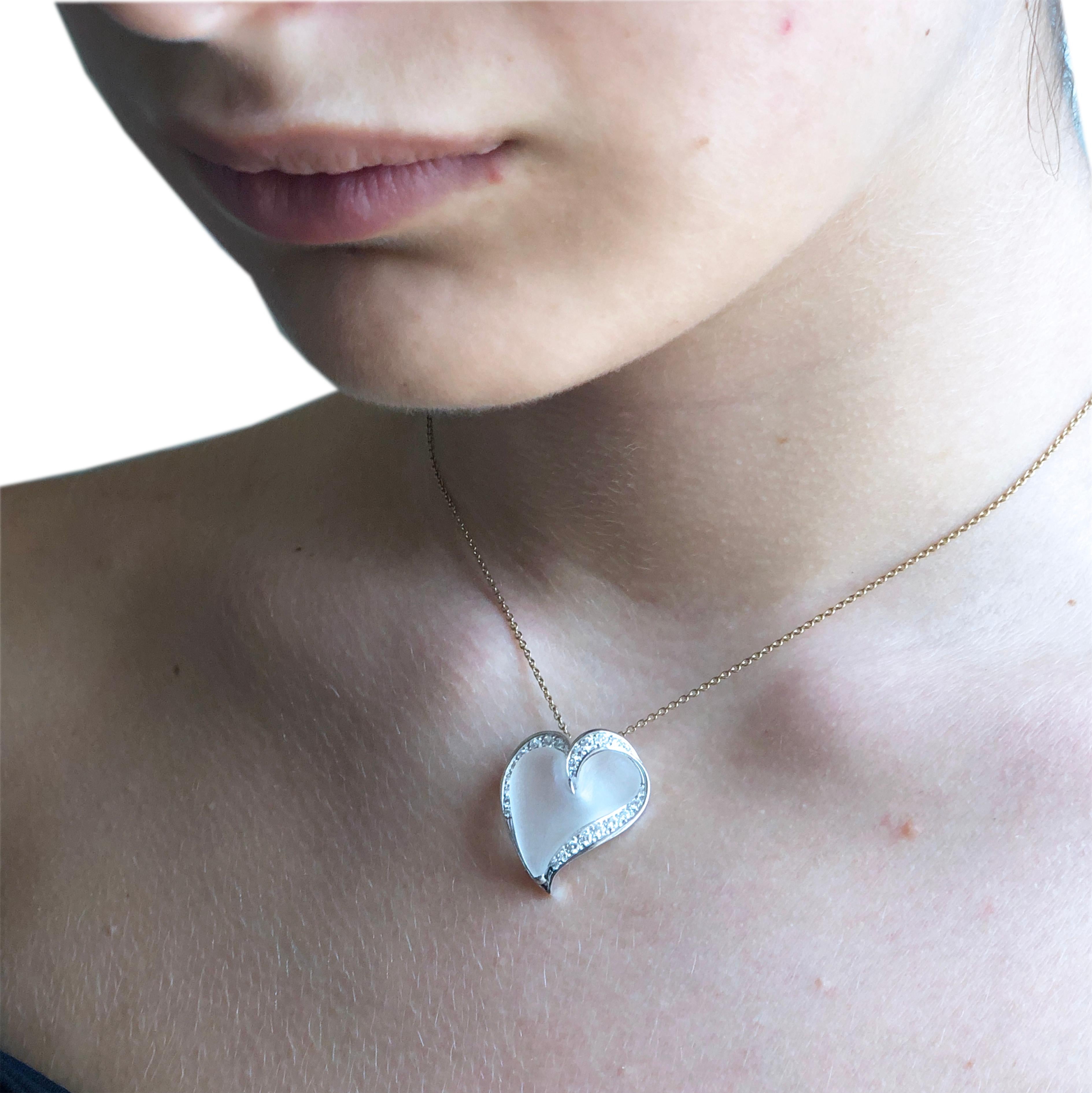 Berca 0.56 Karat White Diamond Hand Inlaid Rock Crystal Platinum Heart Pendant For Sale 5