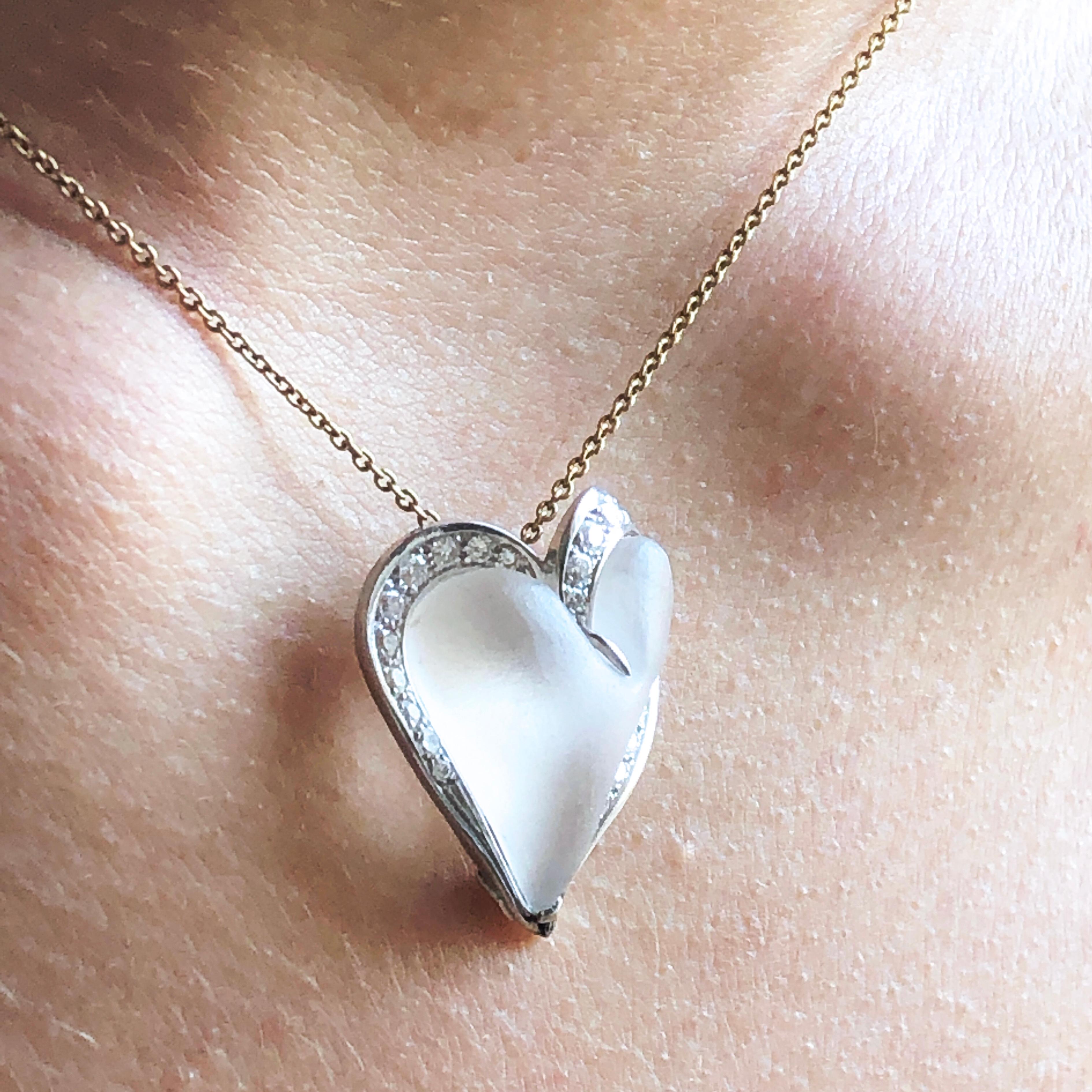Berca 0.56 Karat White Diamond Hand Inlaid Rock Crystal Platinum Heart Pendant For Sale 2