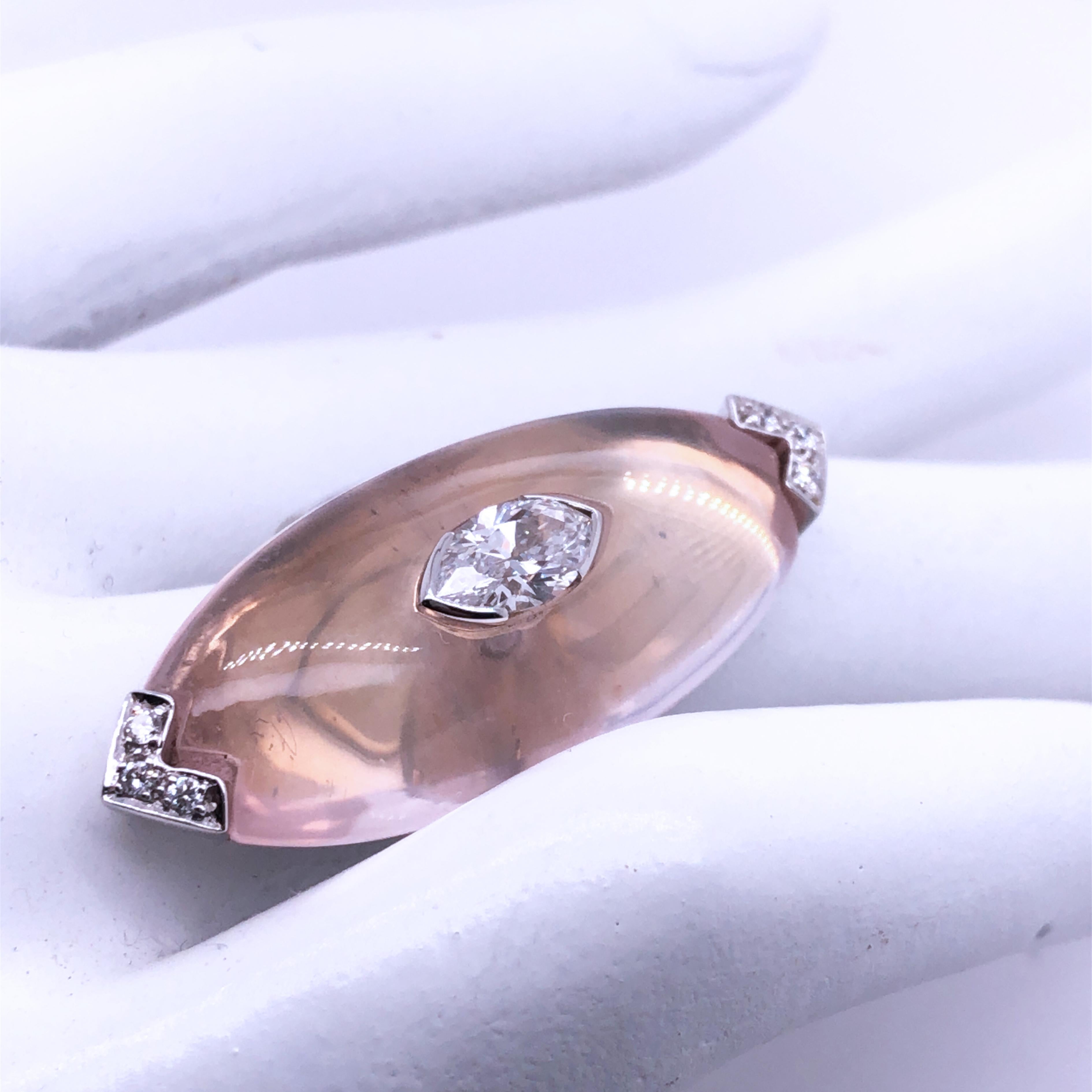 0.81Kt Diamond 17Kt Natural Hand Inlaid Light Pink Quartz Ring For Sale 5
