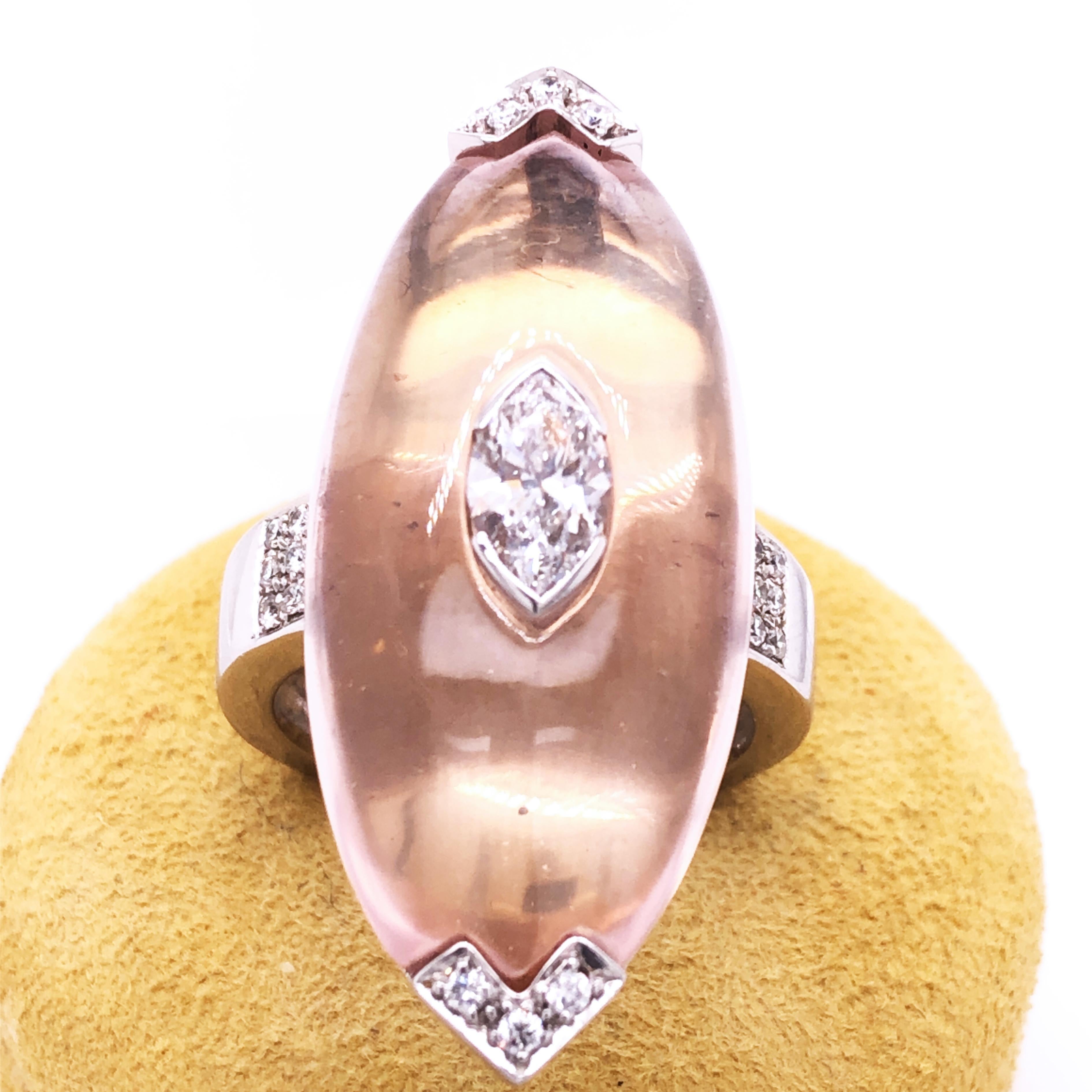 Mesmerizing: One-of-a-kind, absolutely Unique, Chic and Timeless Cocktail Ring Featuring 0.81 Carat Top Quality White Diamond in a 17 Carat Natural Beautifully Hand Inlaid Natural Light Pink Quartz, 18k White Gold Setting. 
A detailed gemmological