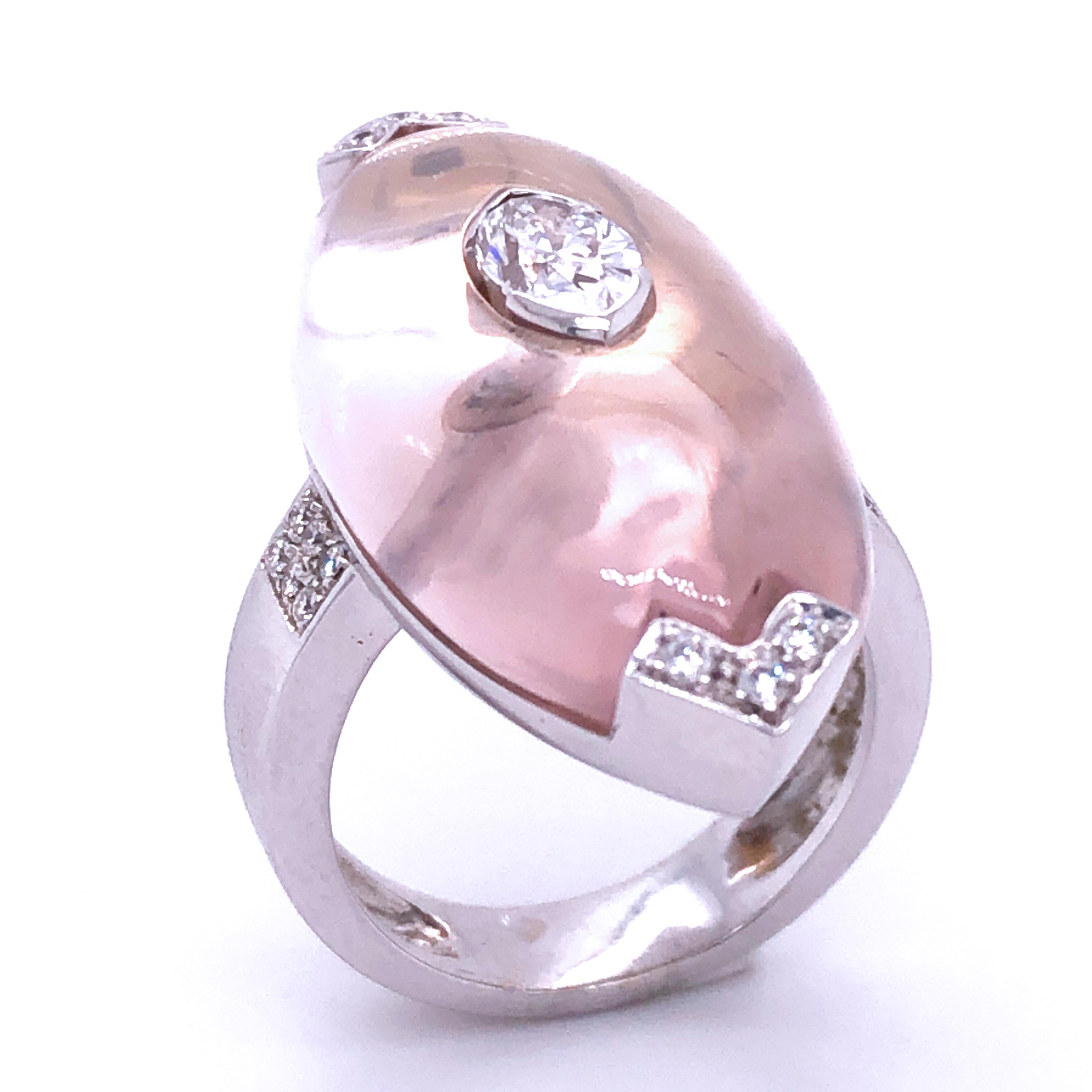 Contemporary 0.81Kt Diamond 17Kt Natural Hand Inlaid Light Pink Quartz Ring For Sale