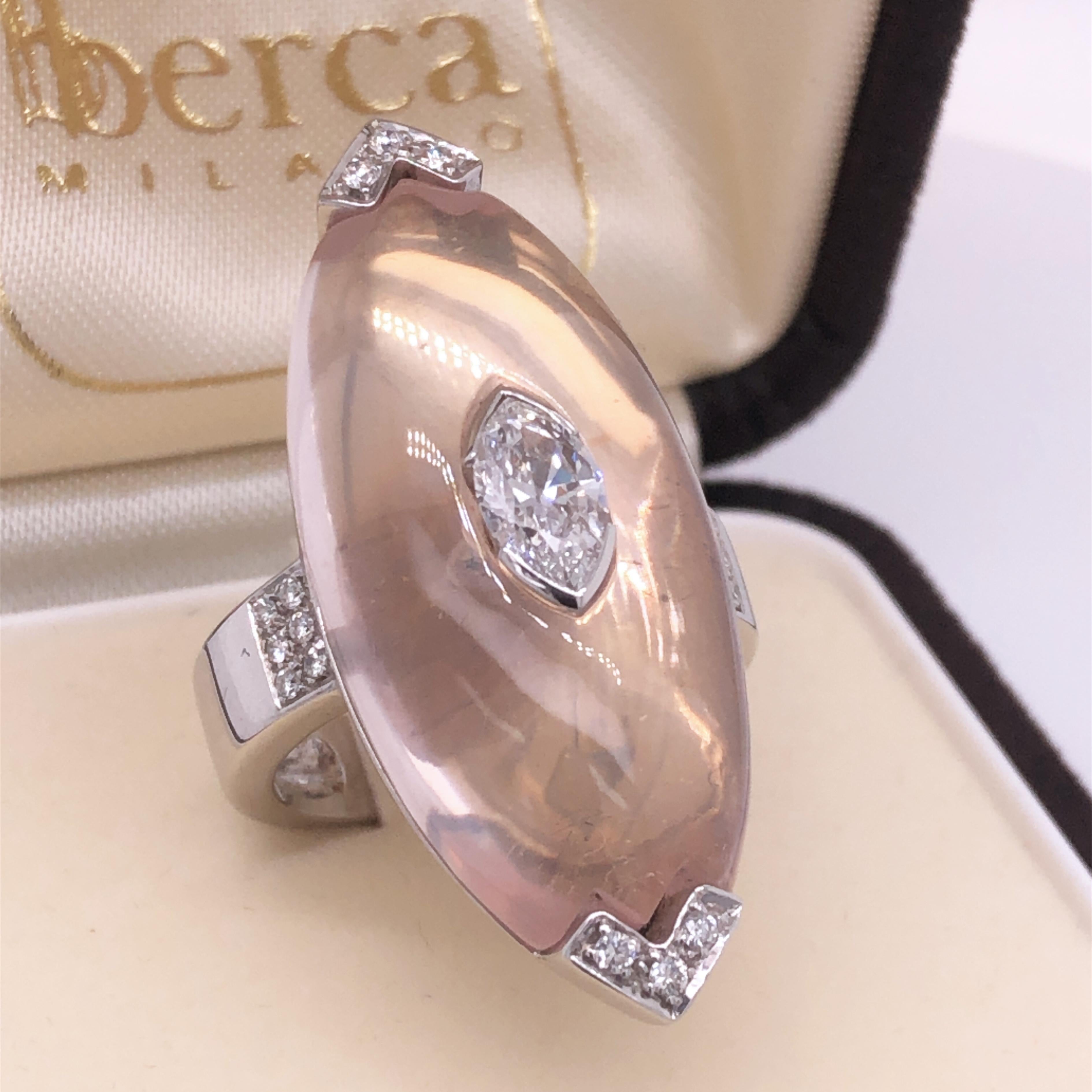 0.81Kt Diamond 17Kt Natural Hand Inlaid Light Pink Quartz Ring For Sale 2