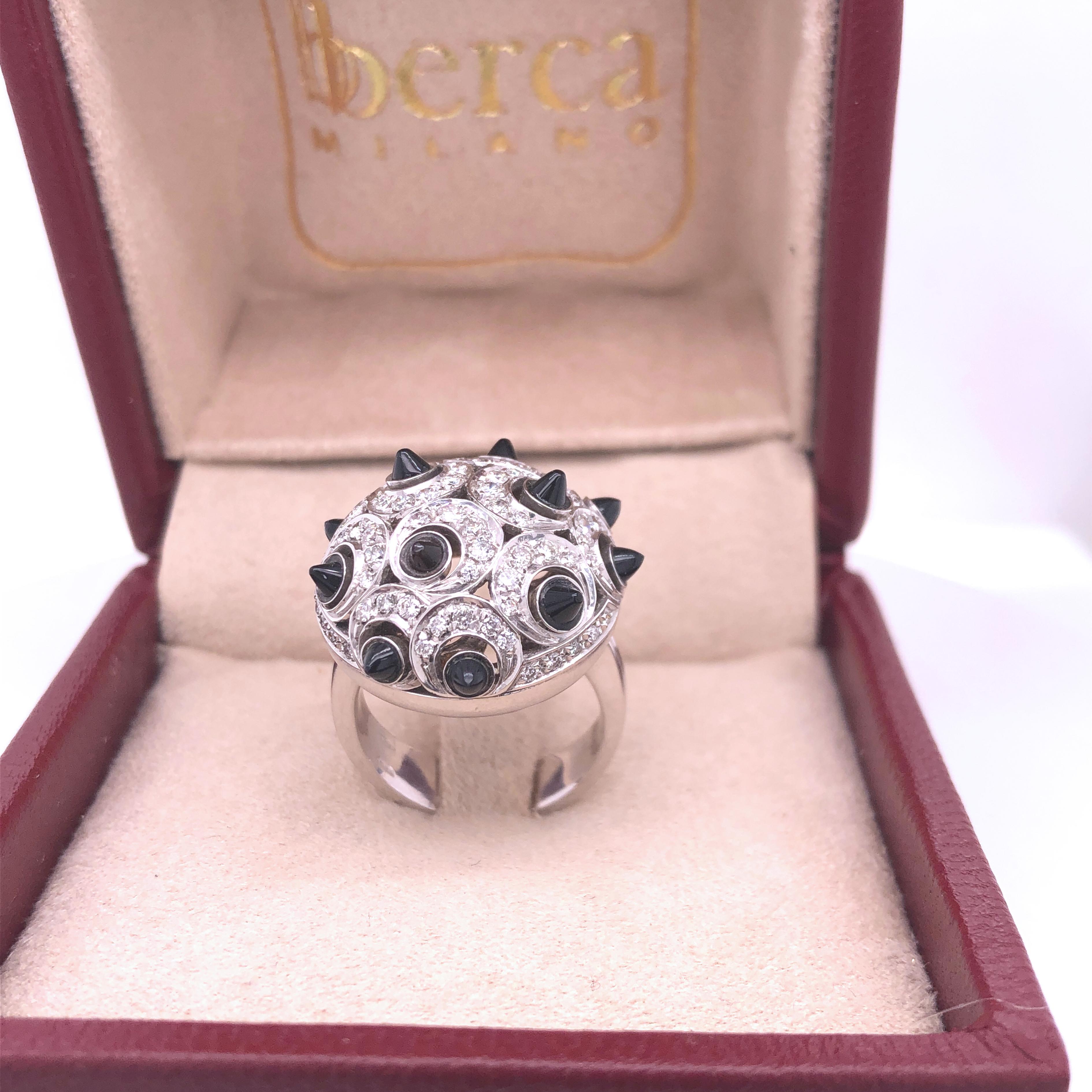 Art Deco Berca 0.87Kt White Diamond Onyx 18 Carat White Gold Setting Dome Cocktail Ring For Sale