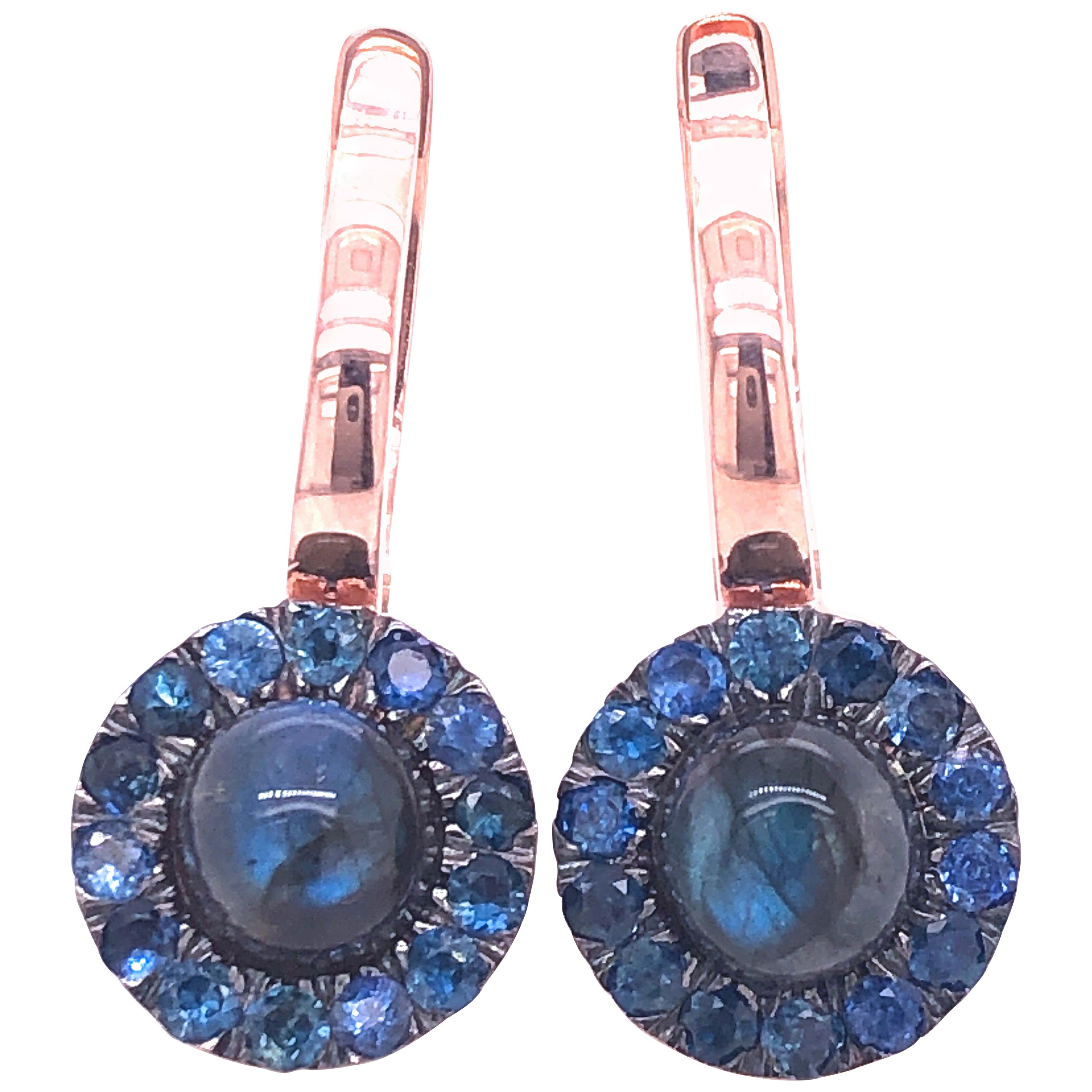 Berca 1.05 Kt Sapphire Round Labradorite Cabochon Rose Gold Dangle Earrings For Sale