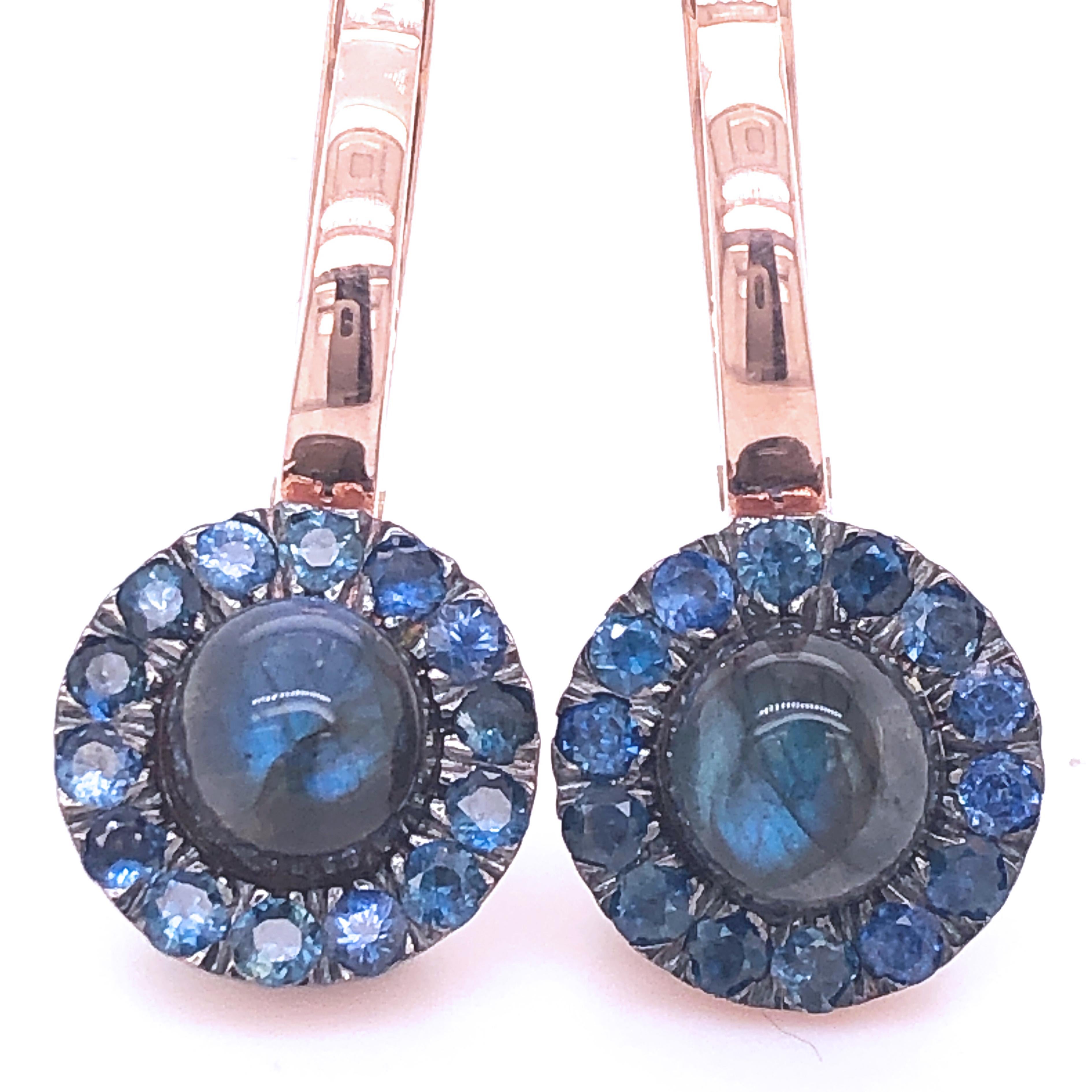 Berca 1.05 Kt Sapphire Round Labradorite Cabochon Rose Gold Dangle Earrings For Sale 4