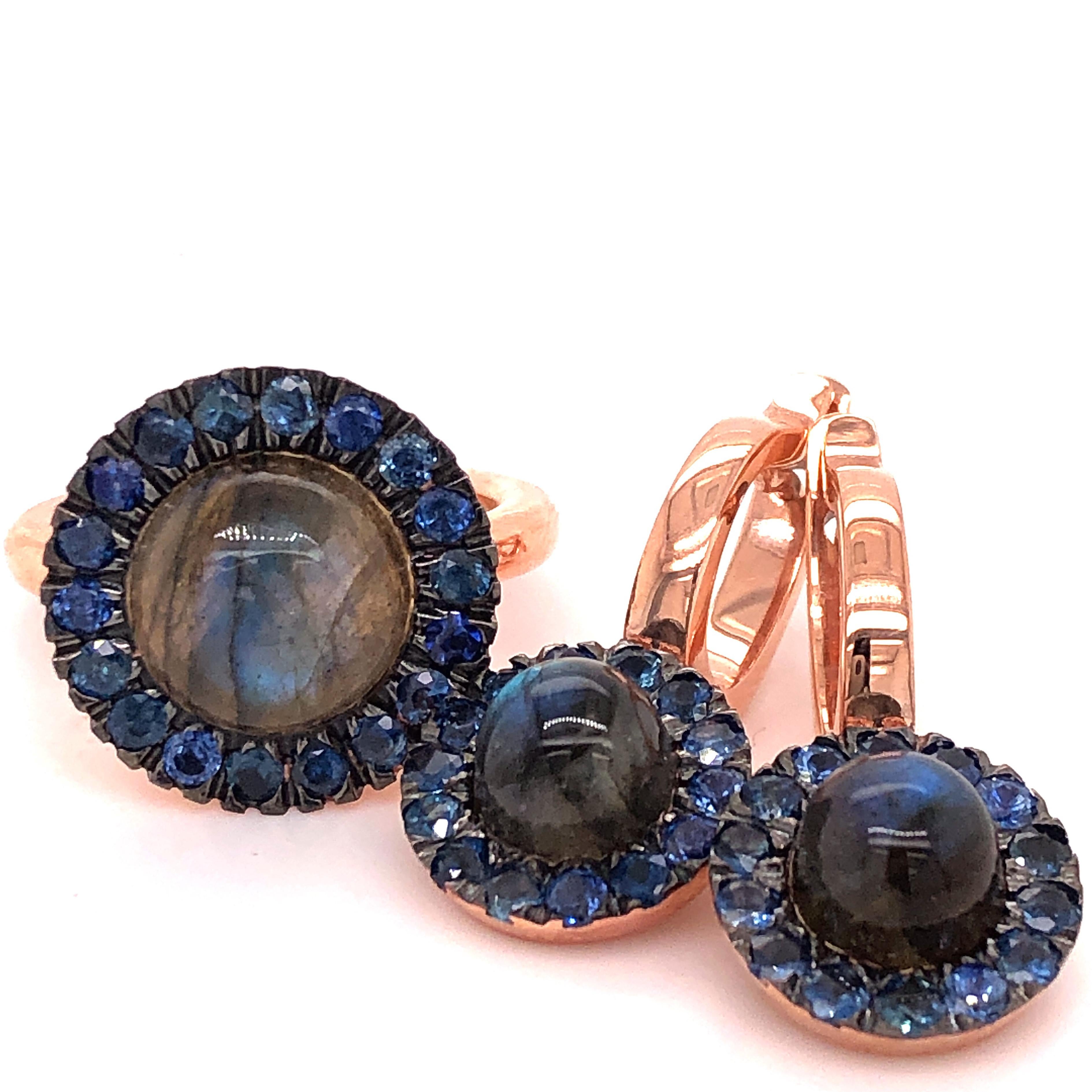 Berca 1.05 Kt Sapphire Round Labradorite Cabochon Rose Gold Dangle Earrings For Sale 8