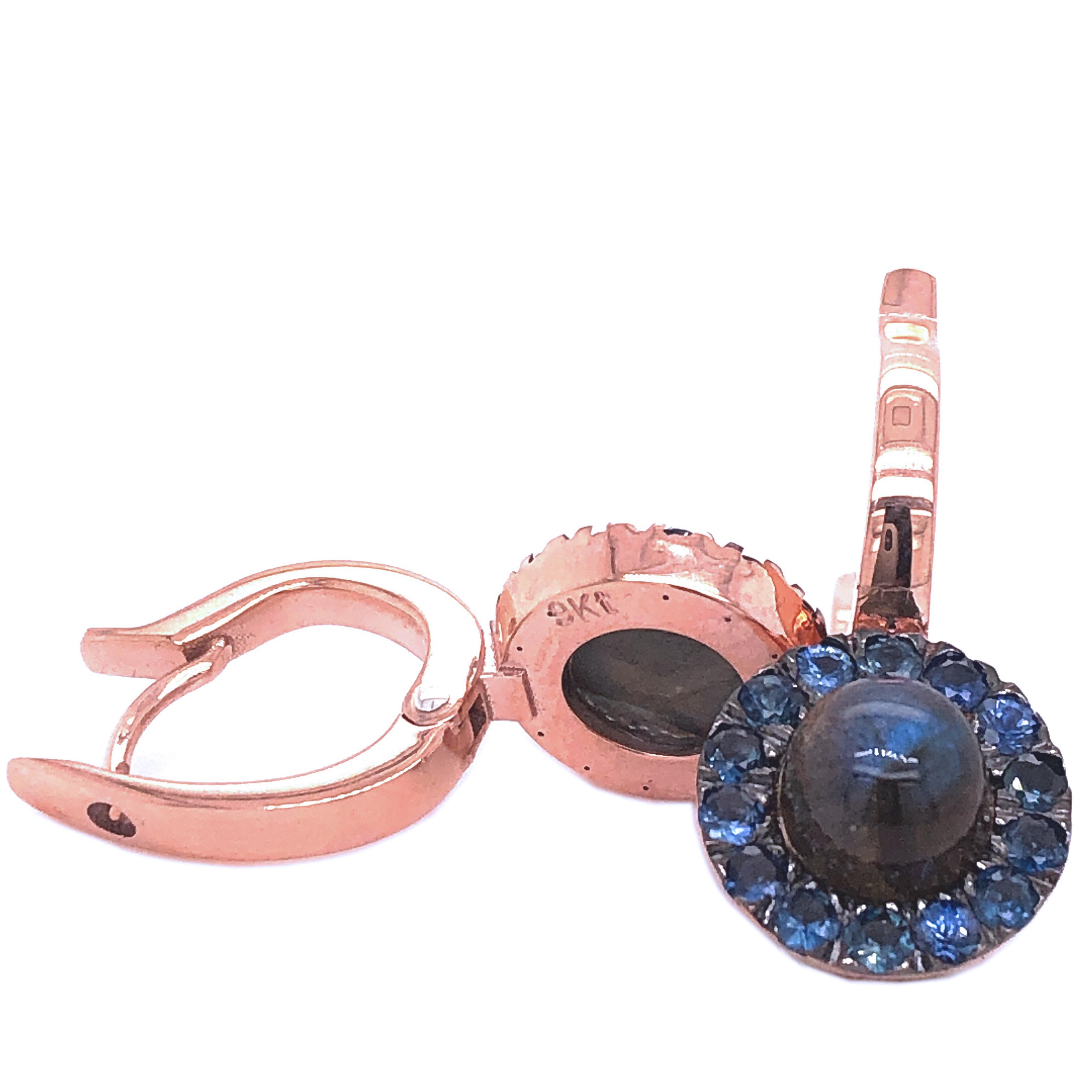 Round Cut Berca 1.05 Kt Sapphire Round Labradorite Cabochon Rose Gold Dangle Earrings For Sale