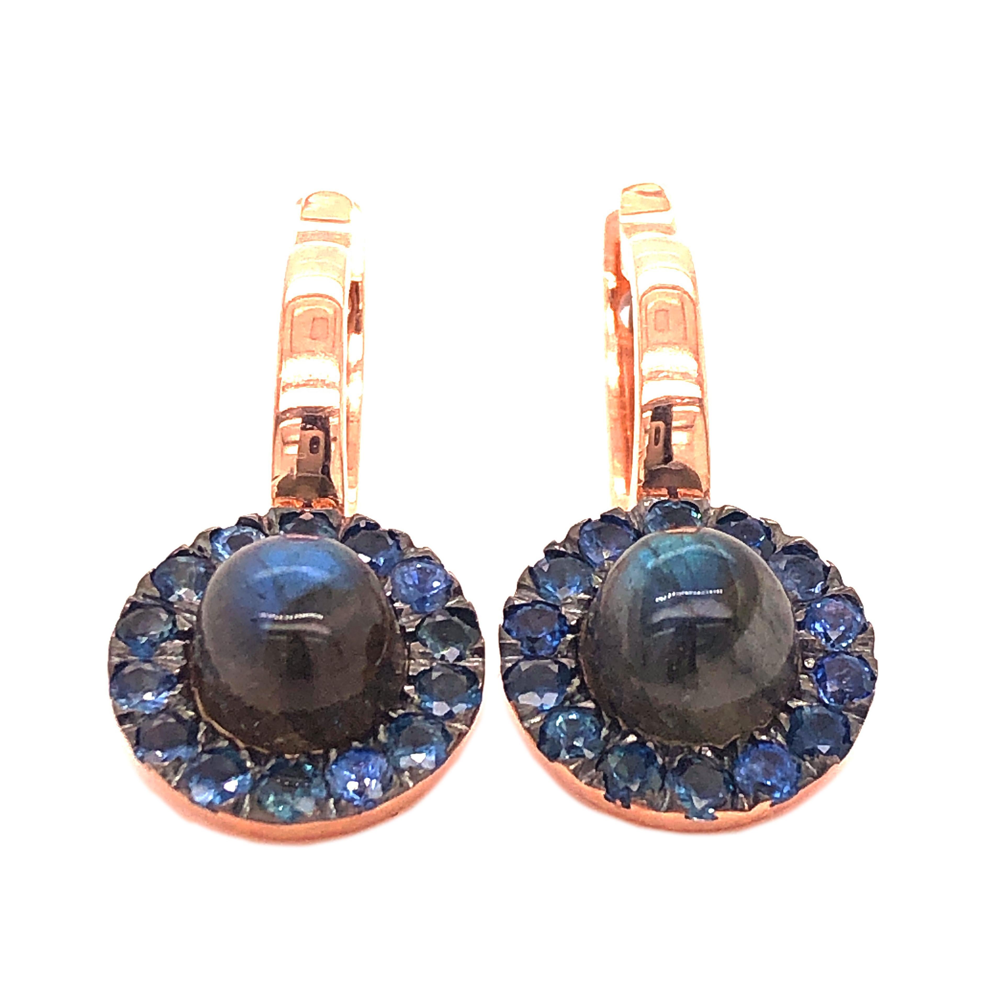 Women's Berca 1.05 Kt Sapphire Round Labradorite Cabochon Rose Gold Dangle Earrings For Sale