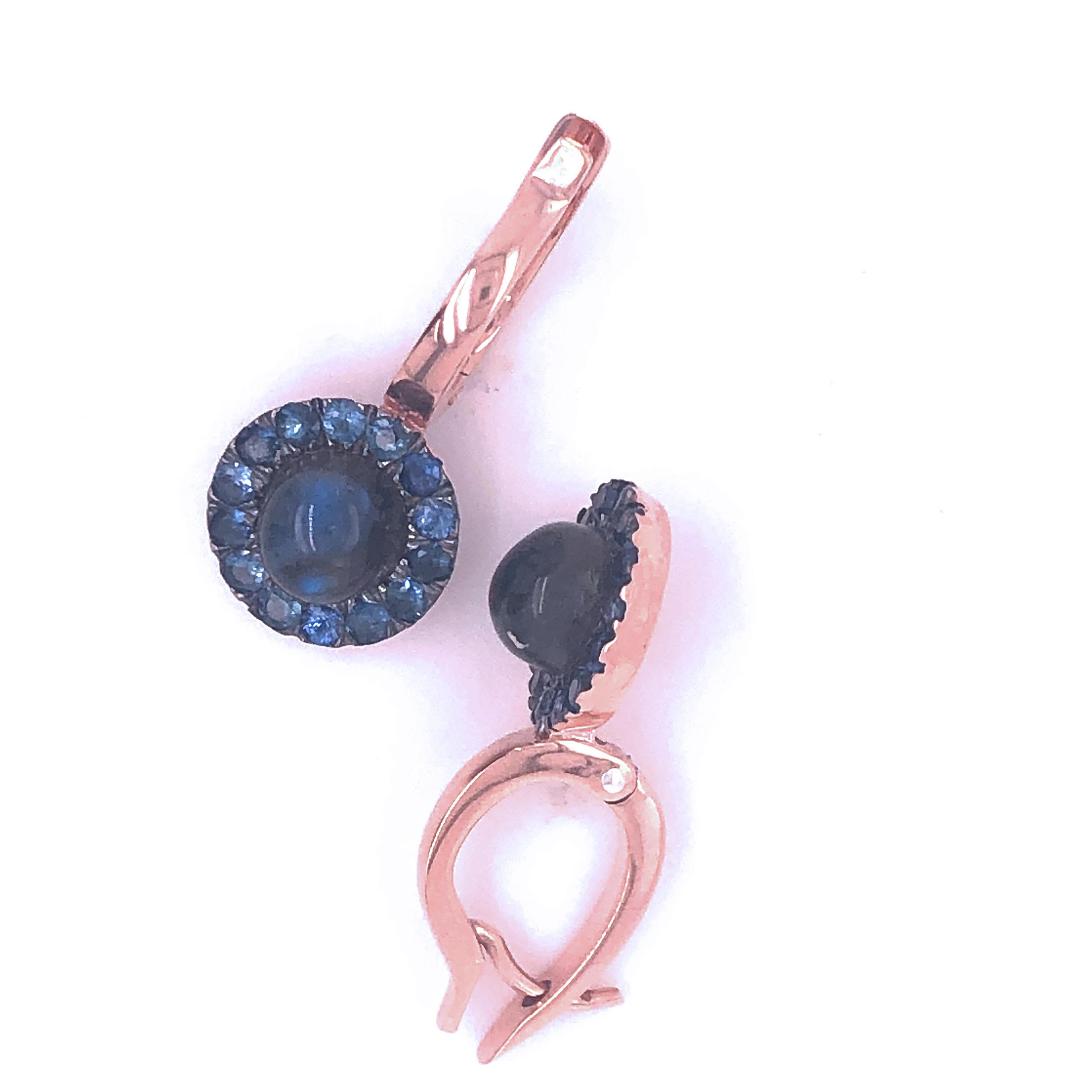 Berca 1.05 Kt Sapphire Round Labradorite Cabochon Rose Gold Dangle Earrings For Sale 1