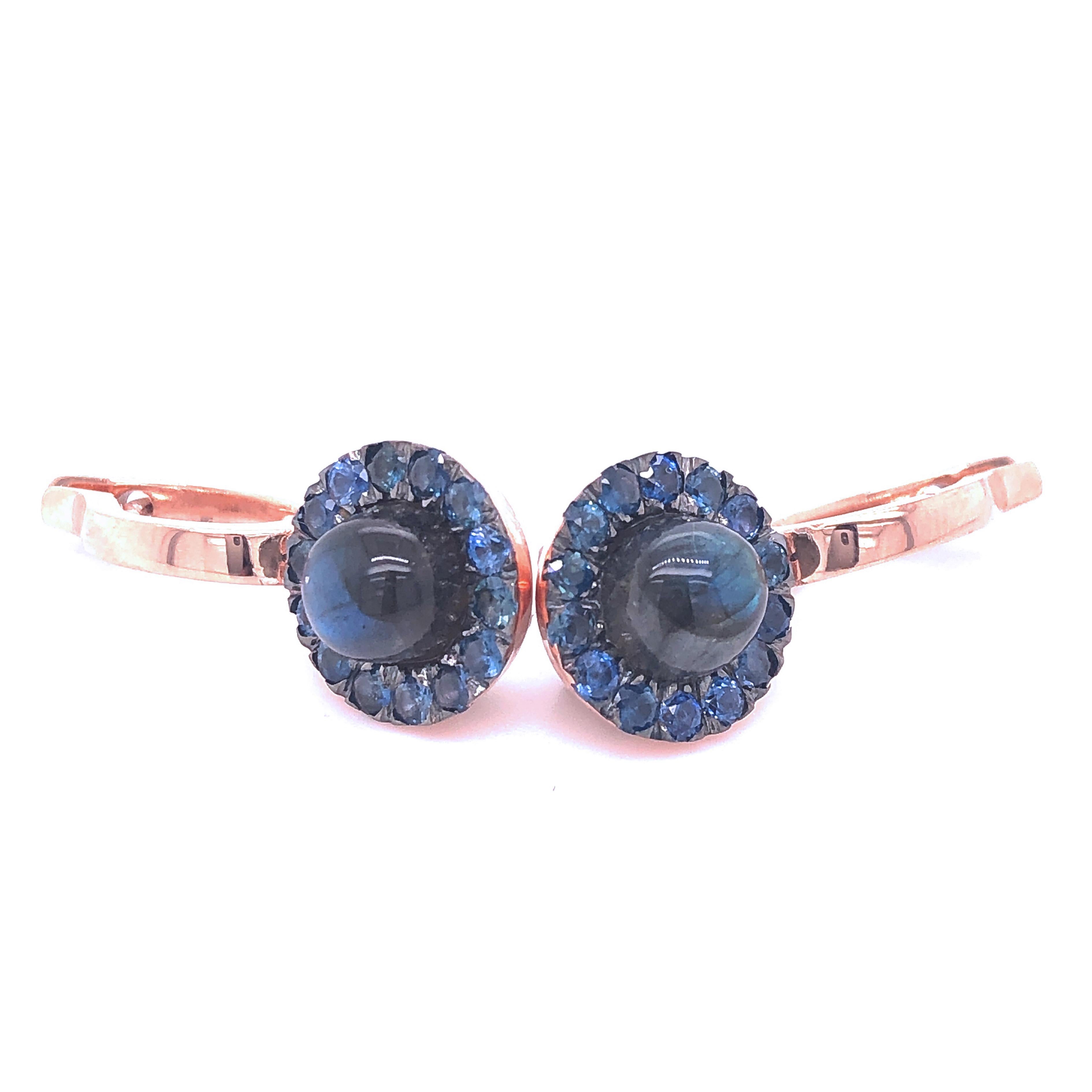Berca 1.05 Kt Sapphire Round Labradorite Cabochon Rose Gold Dangle Earrings For Sale 2