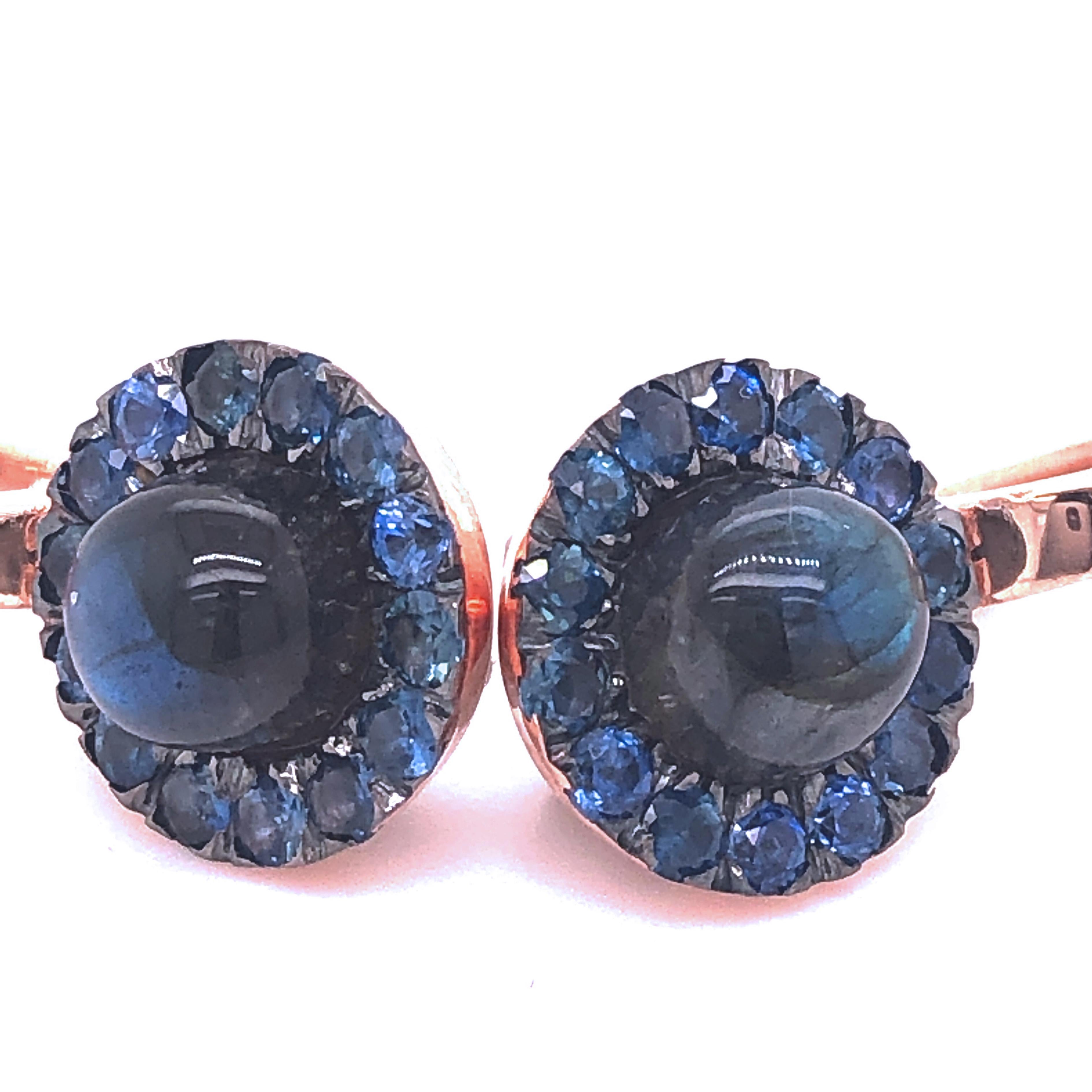 Berca 1.05 Kt Sapphire Round Labradorite Cabochon Rose Gold Dangle Earrings For Sale 3