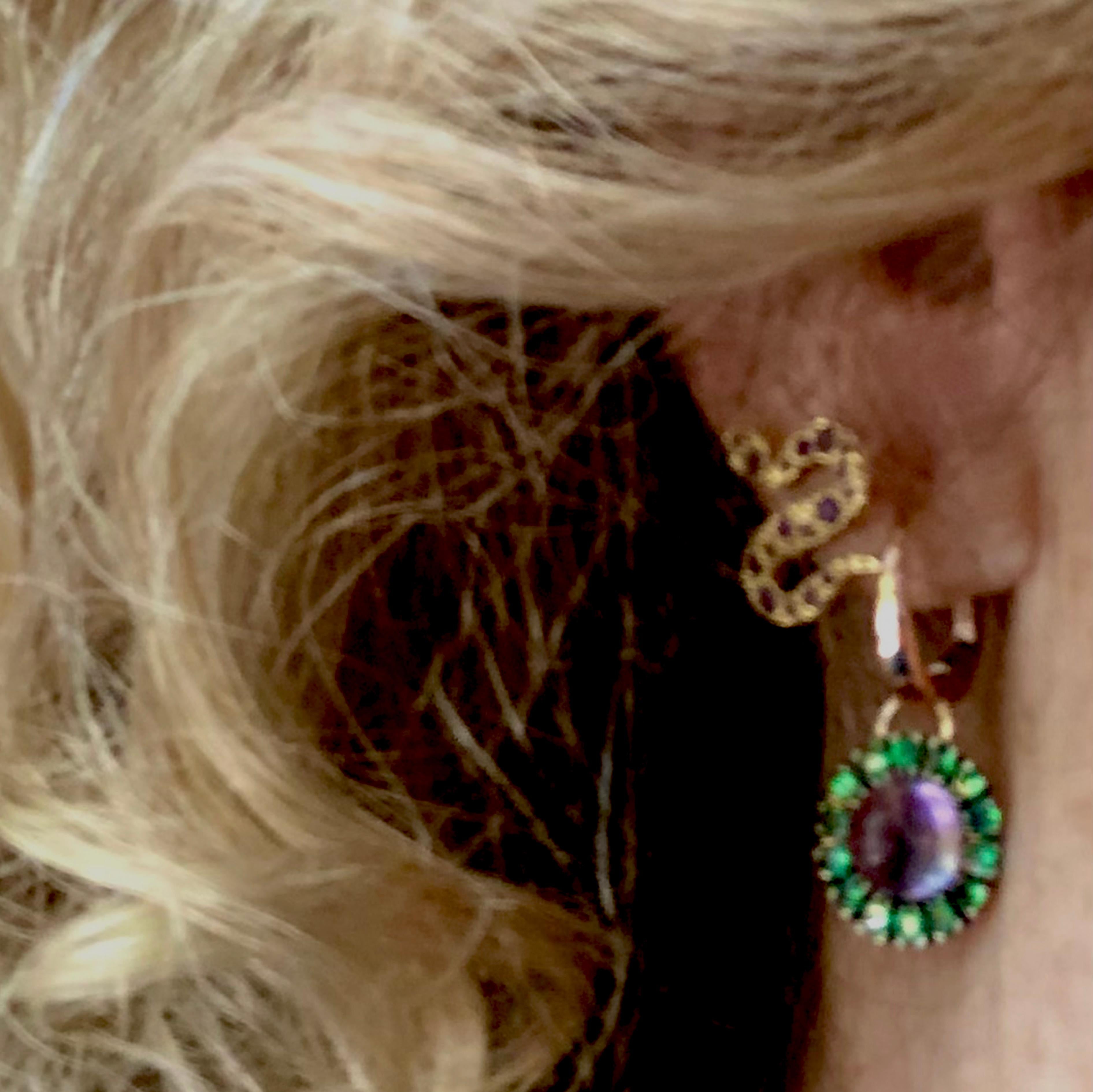 Berca 1.20 Kt Green Tsavorite Round Amethyst Cabochon Rose Gold Dangle Earrings For Sale 3
