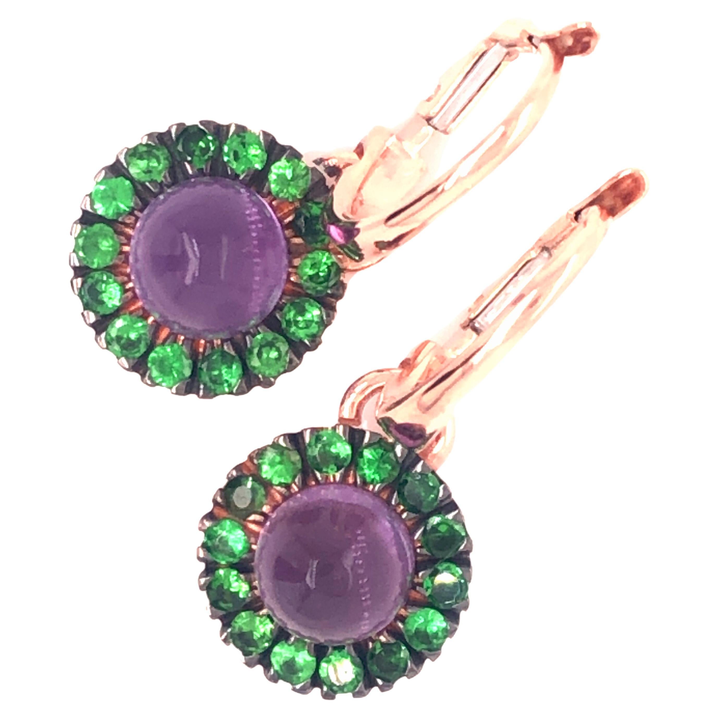 Berca 1.20 Kt Green Tsavorite Round Amethyst Cabochon Rose Gold Dangle Earrings