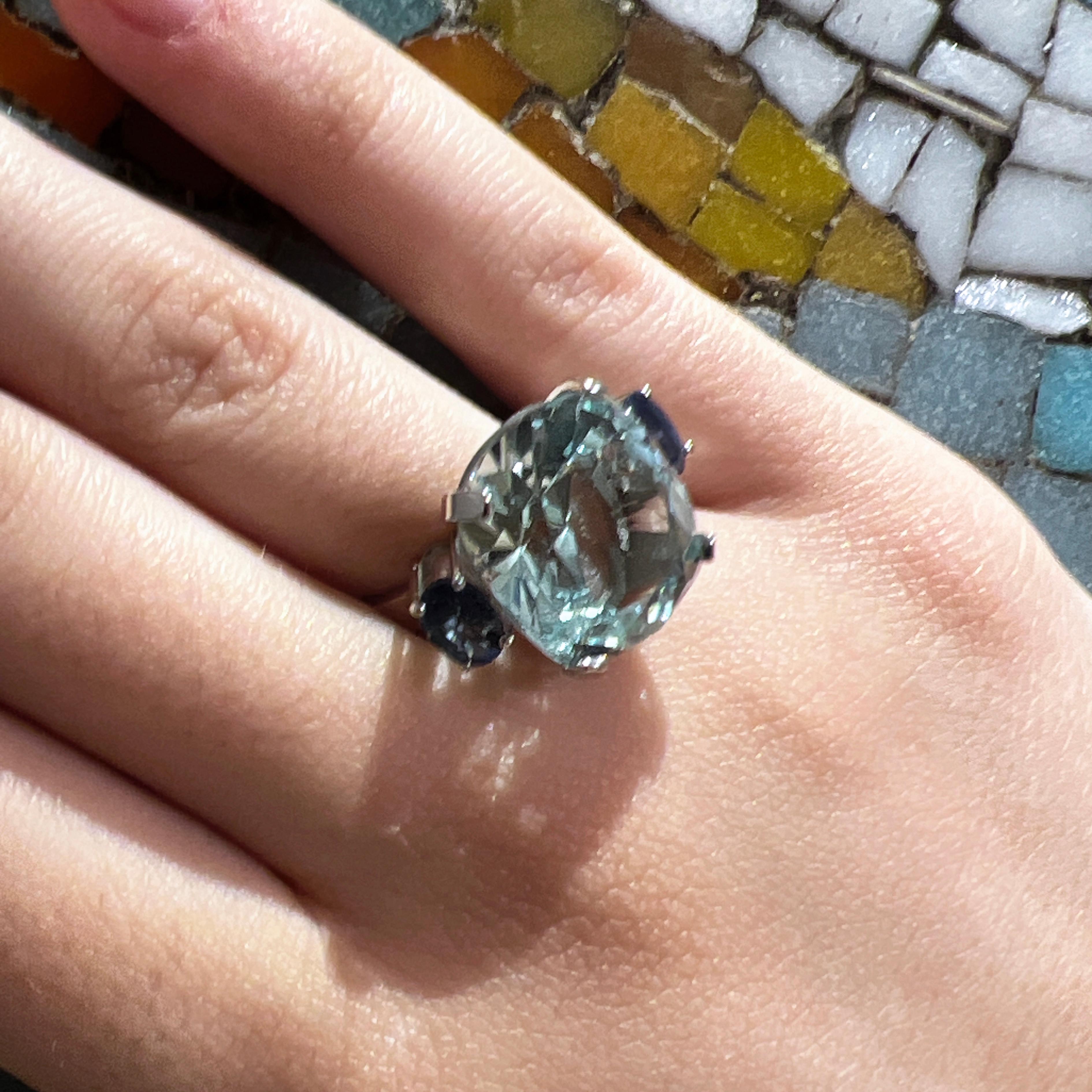 Berca 12.15 Karat Antik Cut Brazilian Aquamarine Oval Sapphire Cocktail Ring 4