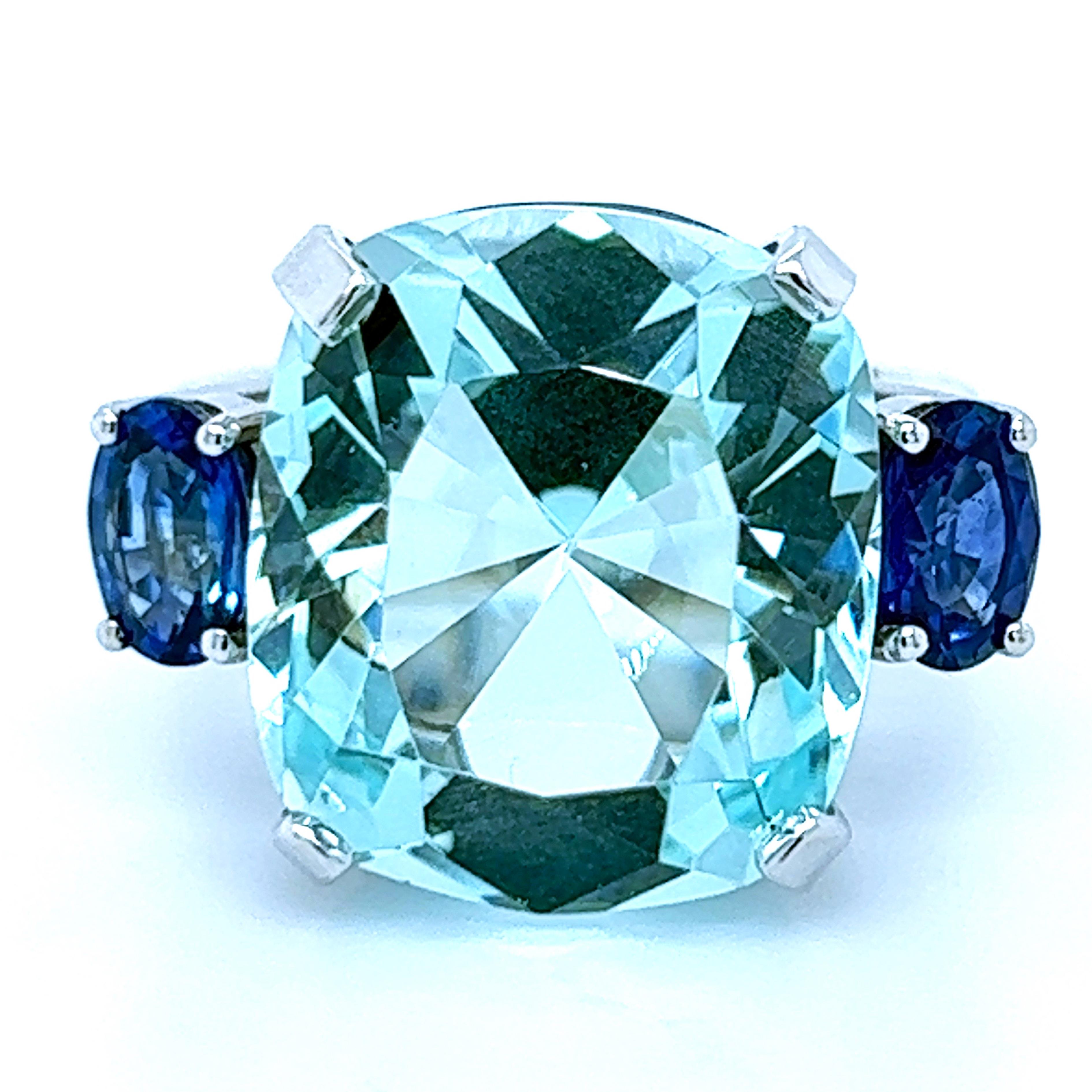 Antique Cushion Cut Berca 12.15 Karat Antik Cut Brazilian Aquamarine Oval Sapphire Cocktail Ring