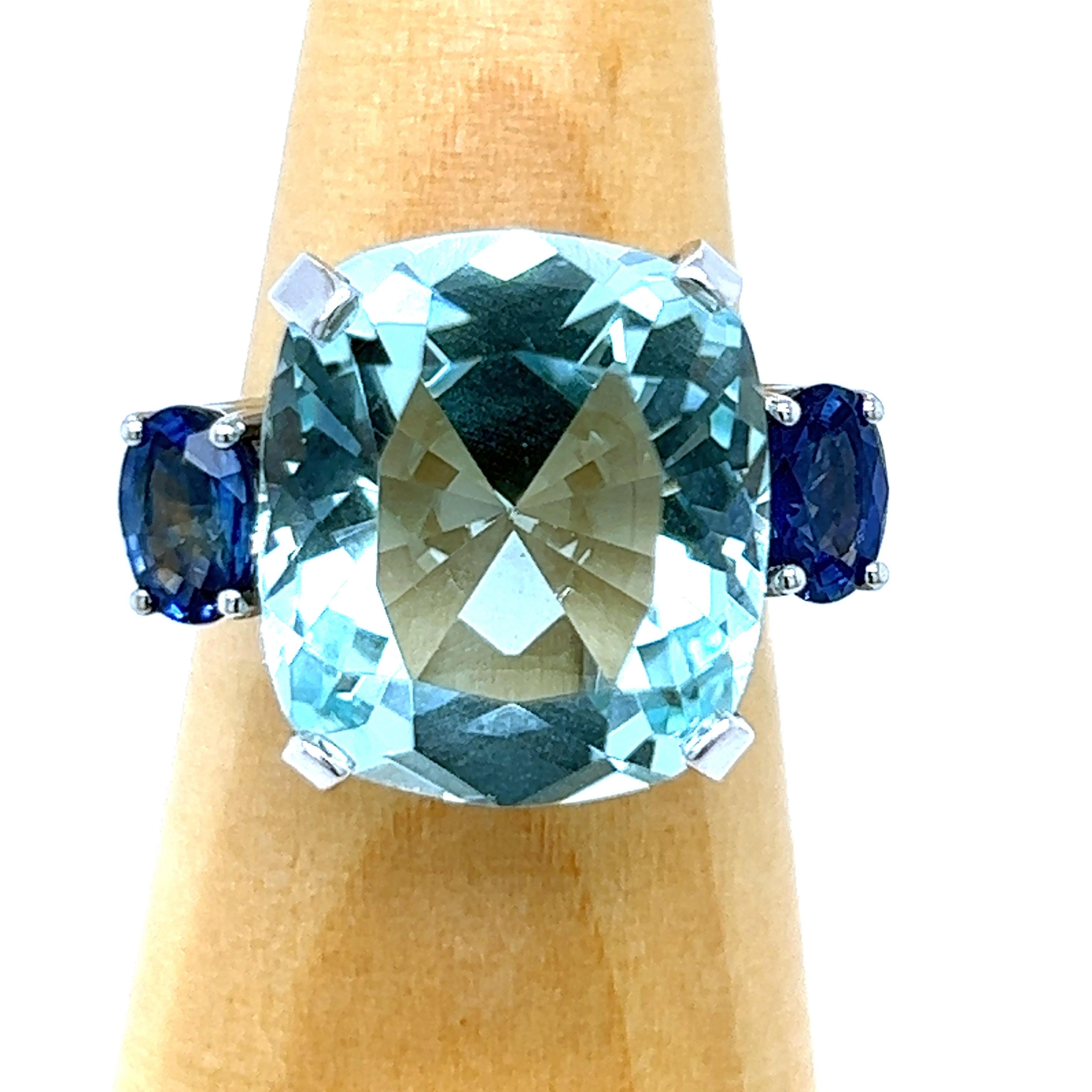 Women's Berca 12.15 Karat Antik Cut Brazilian Aquamarine Oval Sapphire Cocktail Ring
