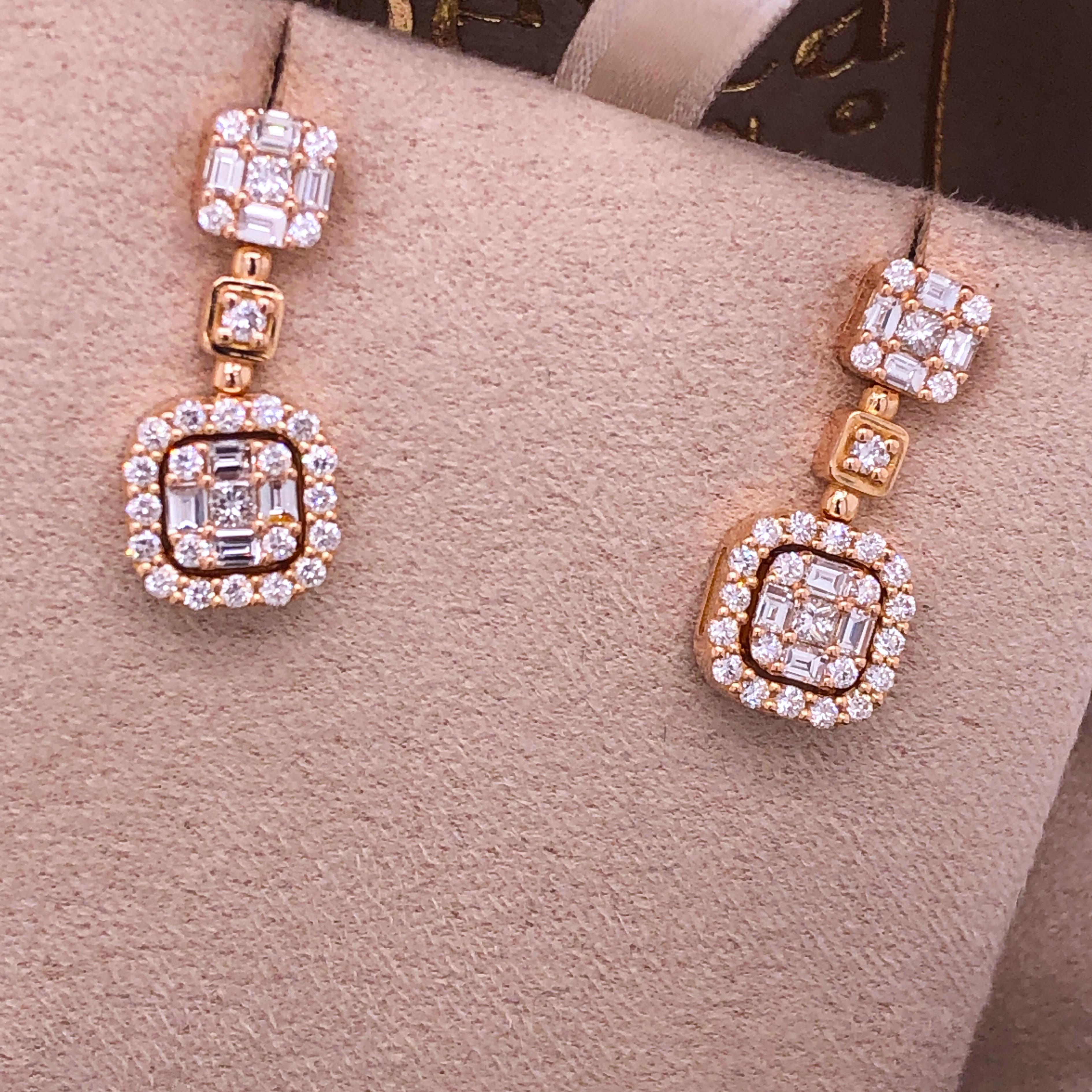 Berca 1.23 Karat Baguette Princess Brilliant Cut White Diamond Dangle Earrings For Sale 6