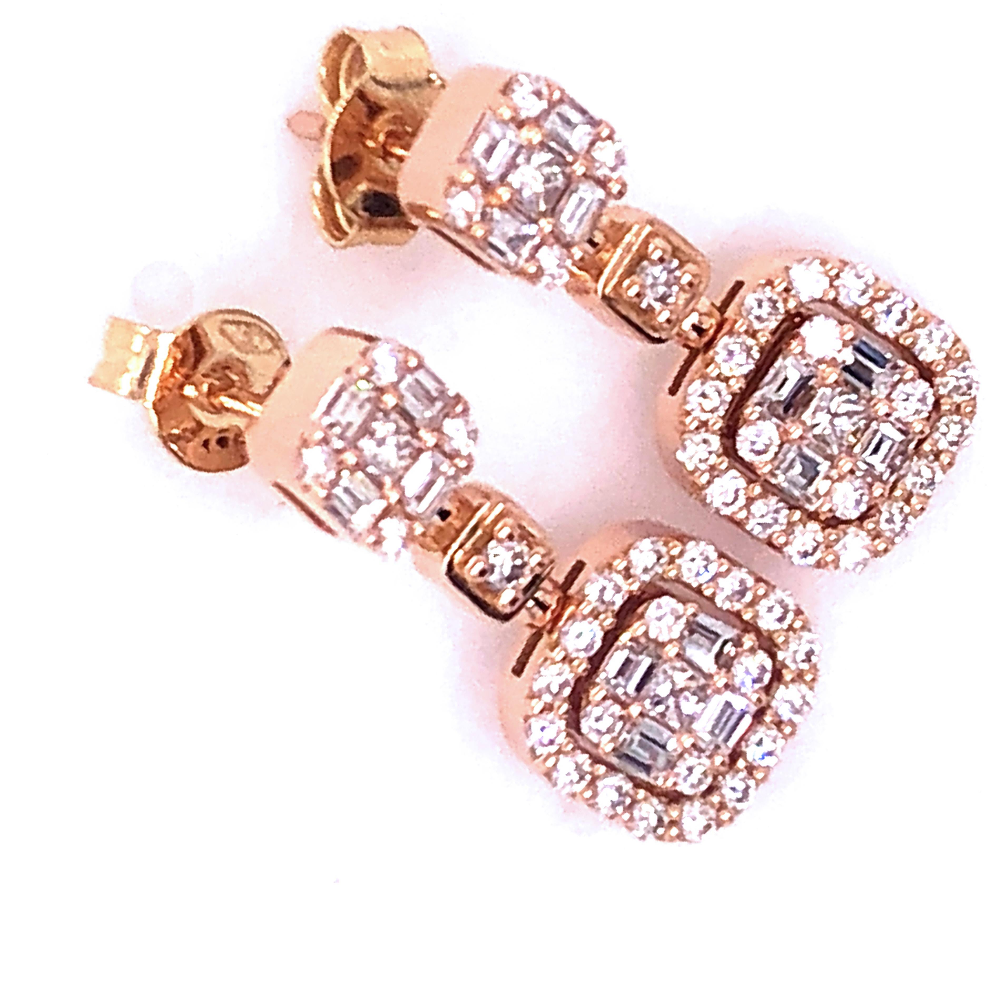 Chic yet timeless, absolutely wearable, yet unique, 0.59Kt baguette, 0.19Kt princess, 0.45Kt brilliant cut (D-E, VVs1)earrings in an 18Kt Rose Gold hand crafted Setting.
In our smart burgundy leather box and pouch.
Our pieces are all accompanied by