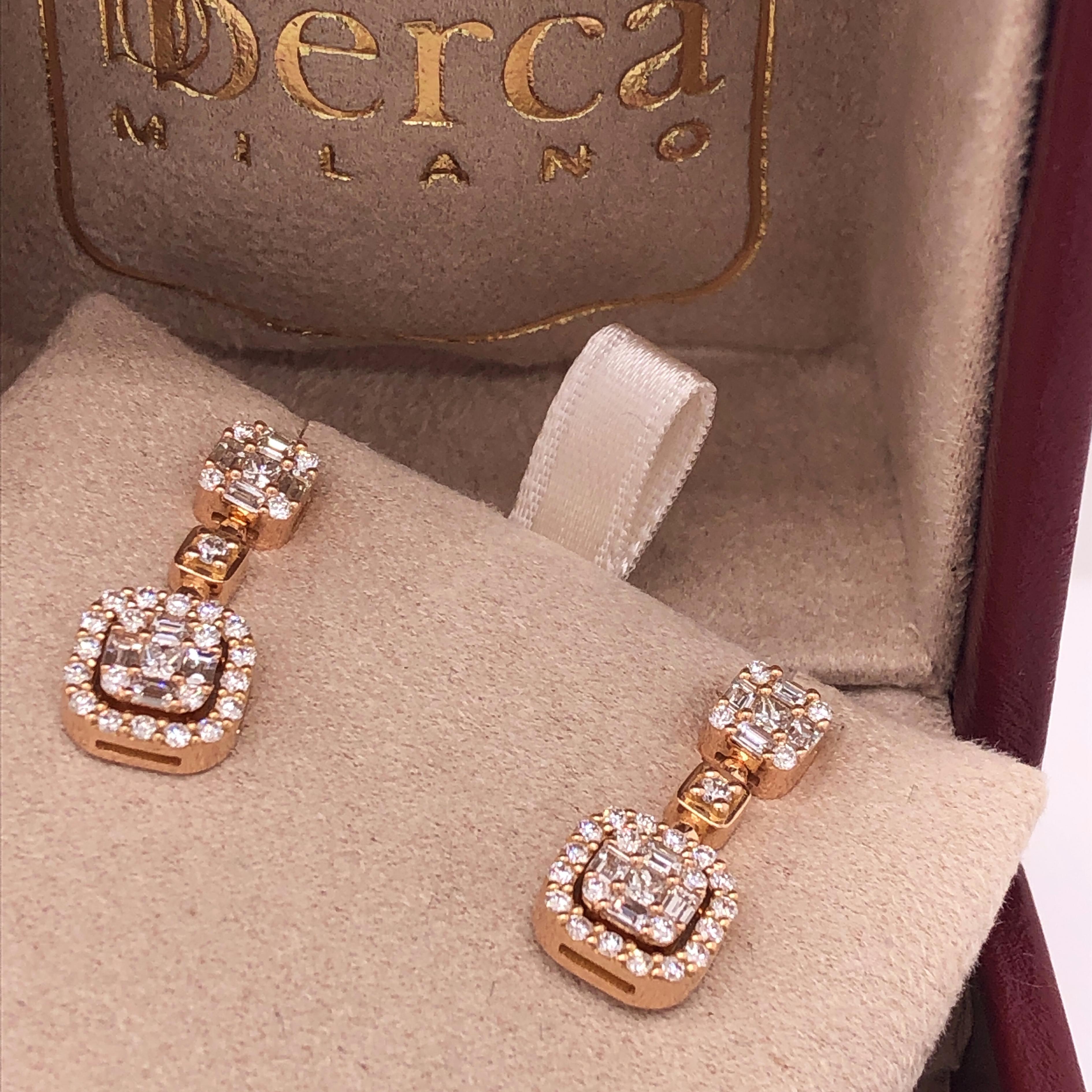 Berca 1.23 Karat Baguette Princess Brilliant Cut White Diamond Dangle Earrings In New Condition For Sale In Valenza, IT