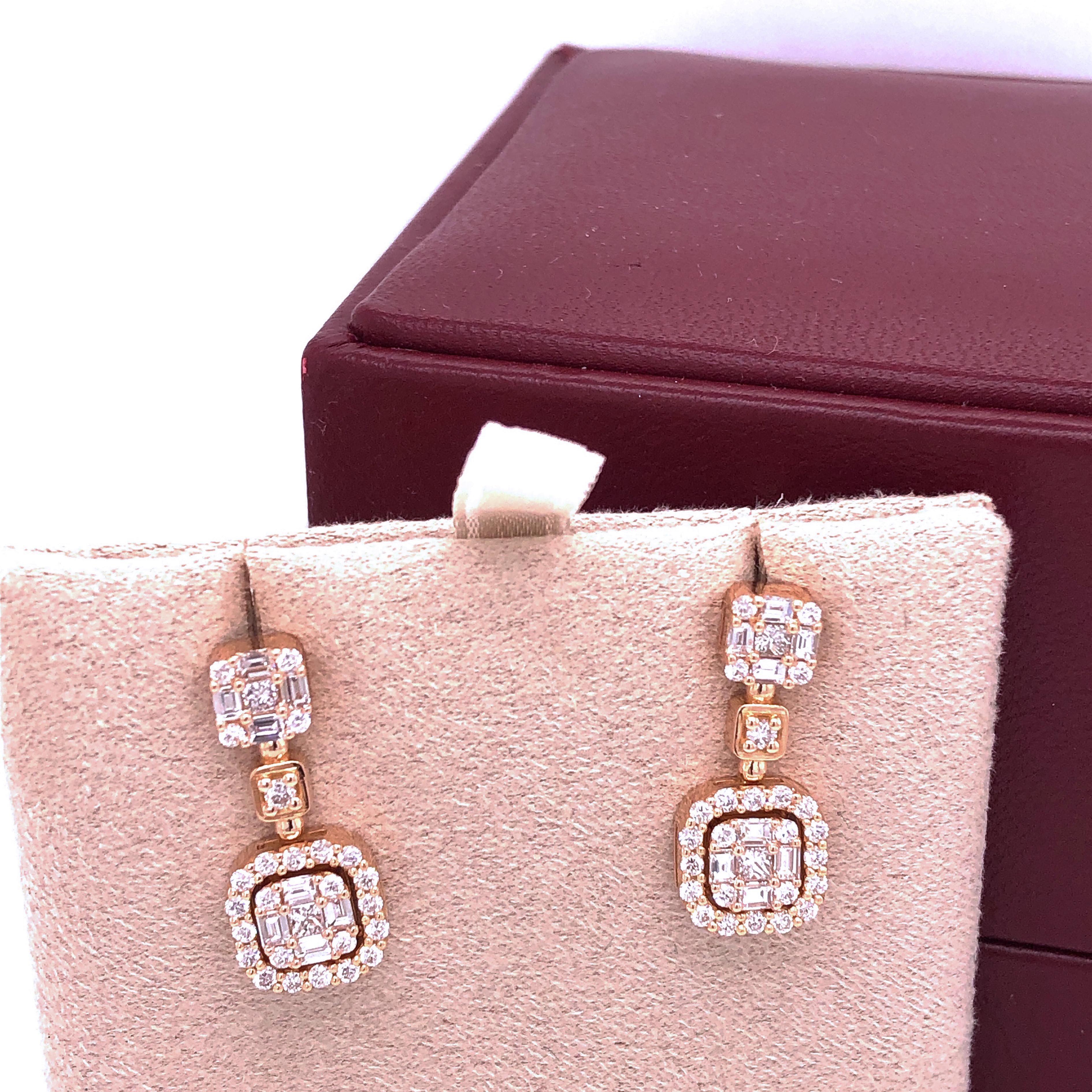 Berca 1.23 Karat Baguette Princess Brilliant Cut White Diamond Dangle Earrings For Sale 1