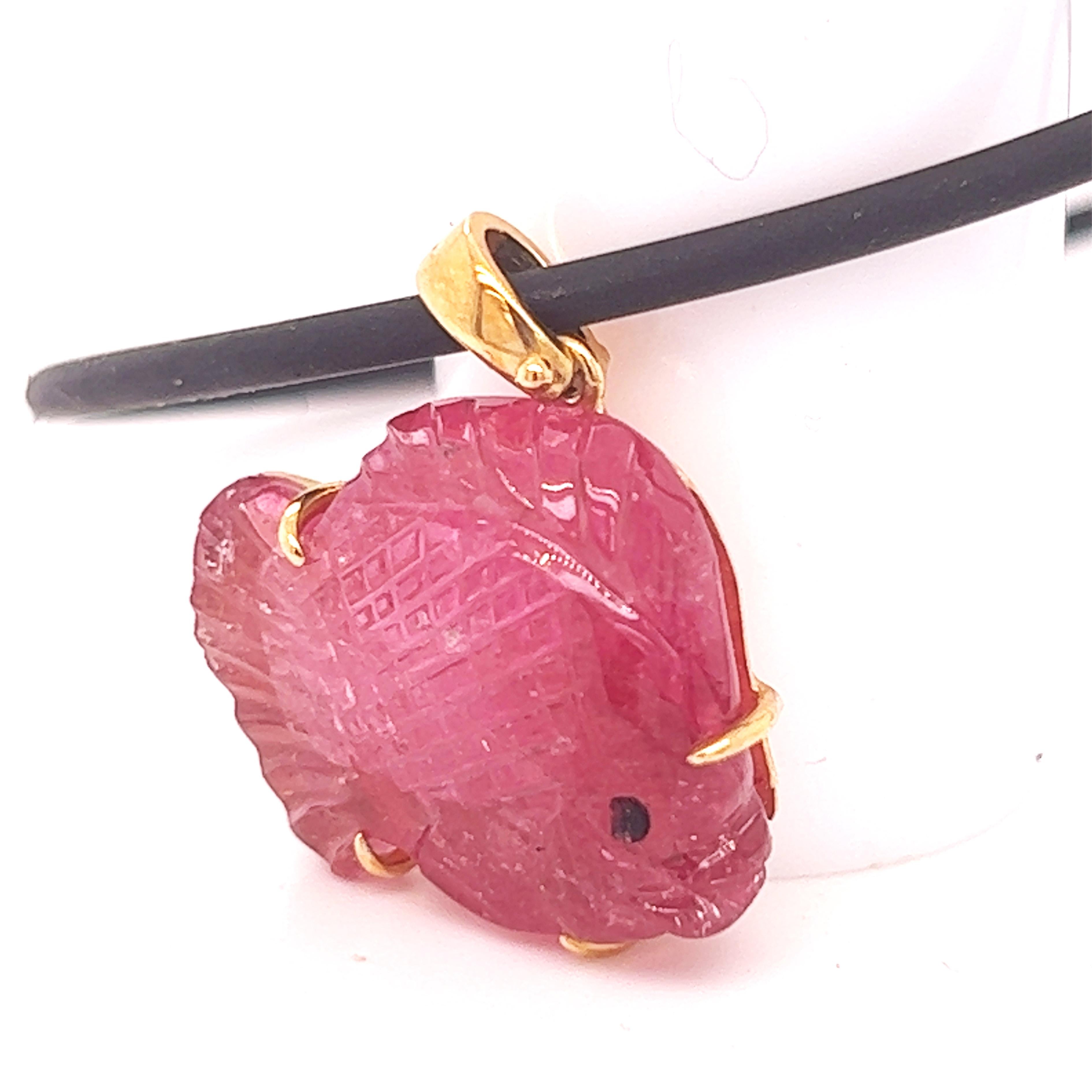 Contemporary Berca 12Kt Natural Pink Hand Inlaid Hand Engraved Fish Shaped Tourmaline Pendant For Sale