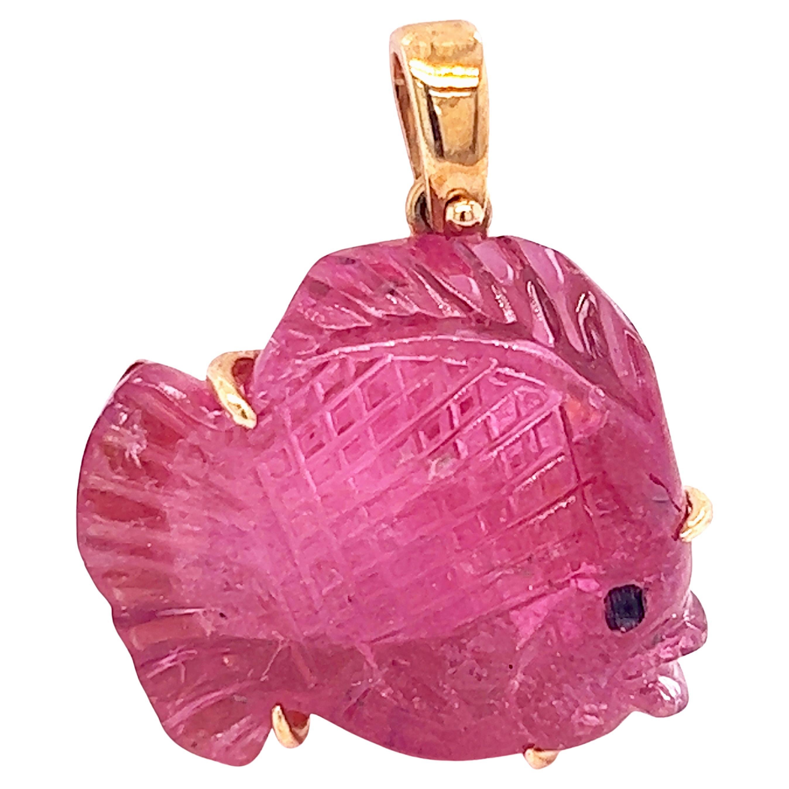 Berca 12Kt Natural Pink Hand Inlaid Hand Engraved Fish Shaped Tourmaline Pendant For Sale