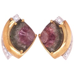 Berca 16.23 Karat Watermelon Tourmaline 0.20kt White Diamond 18kt Gold Earrings