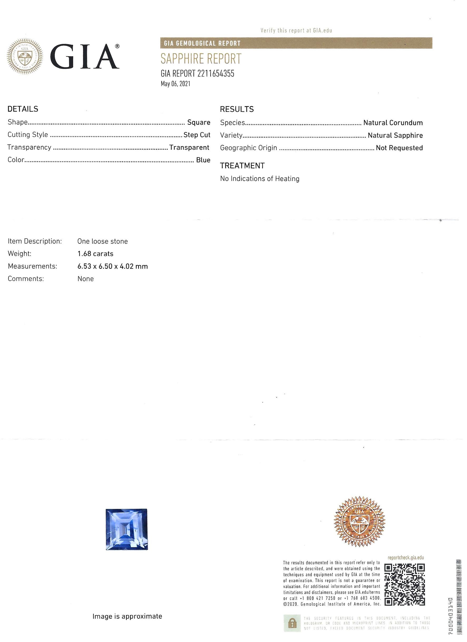 BERCA 1,68 ct GIA Cert. NH Cornflower Bague saphir rubis diamant taille princesse en vente 4
