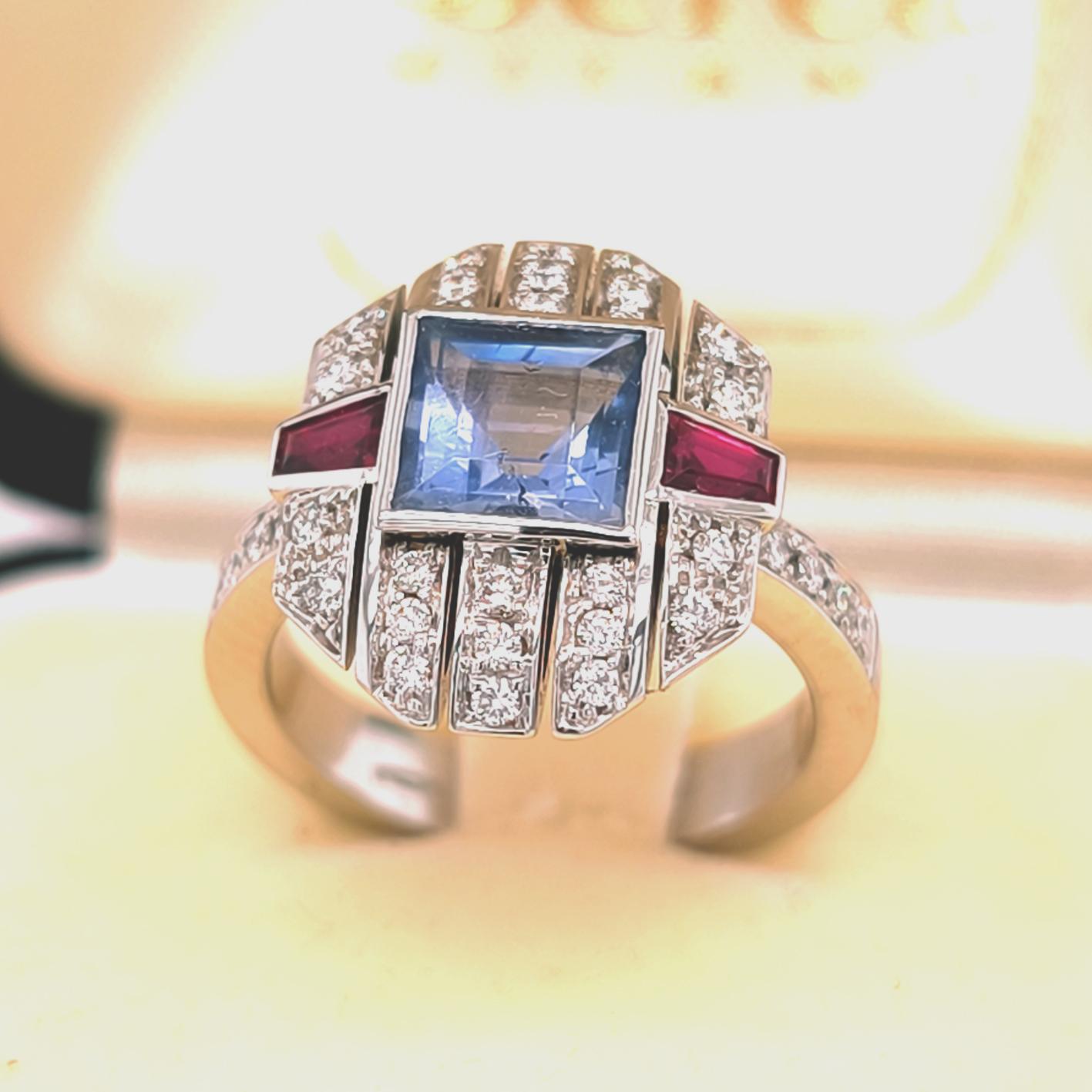 BERCA 1,68 ct GIA Cert. NH Cornflower Bague saphir rubis diamant taille princesse en vente 2