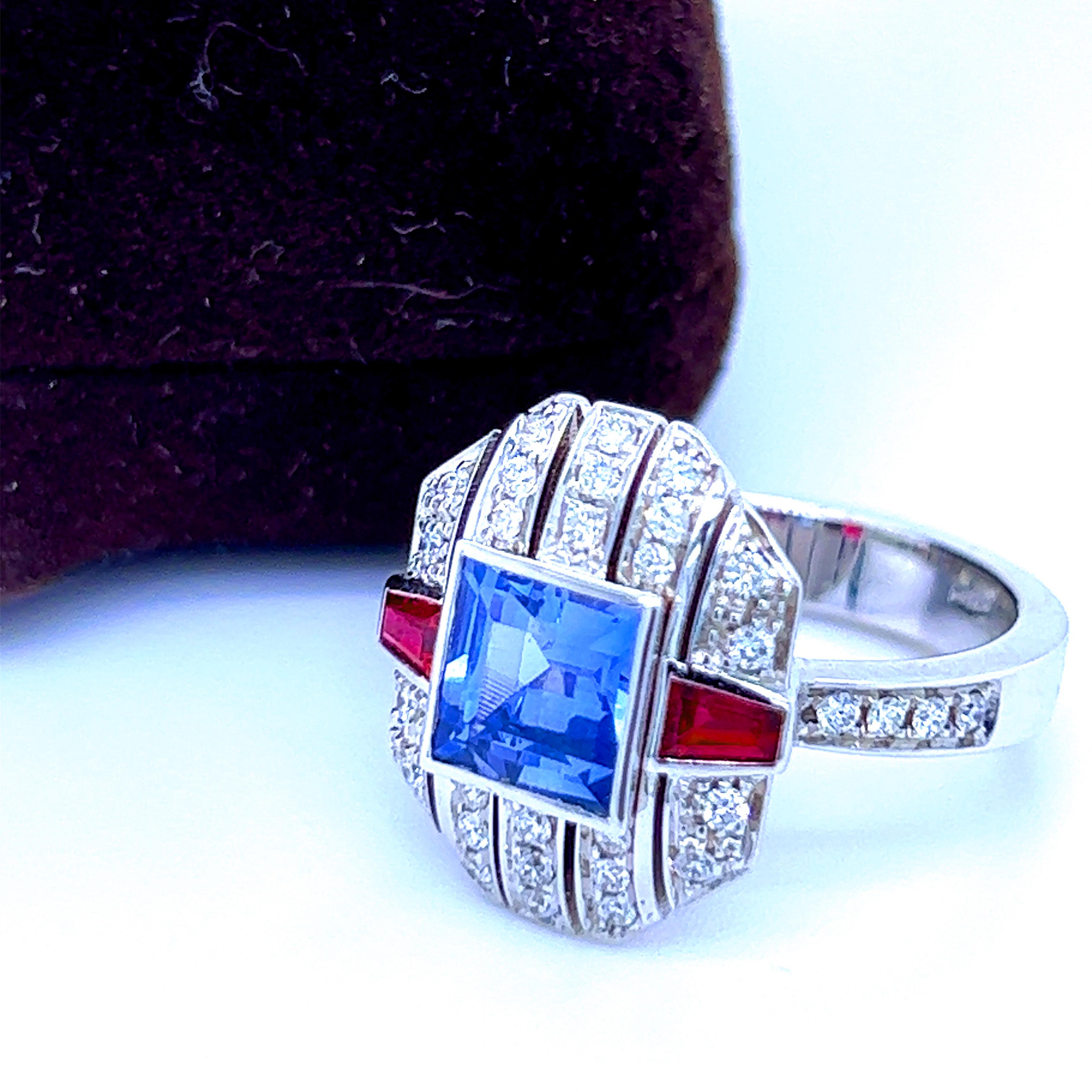 Contemporary Berca 1.68kt GIA Certified NH Cornflower Princess Cut Sapphire Ruby Diamond Ring For Sale