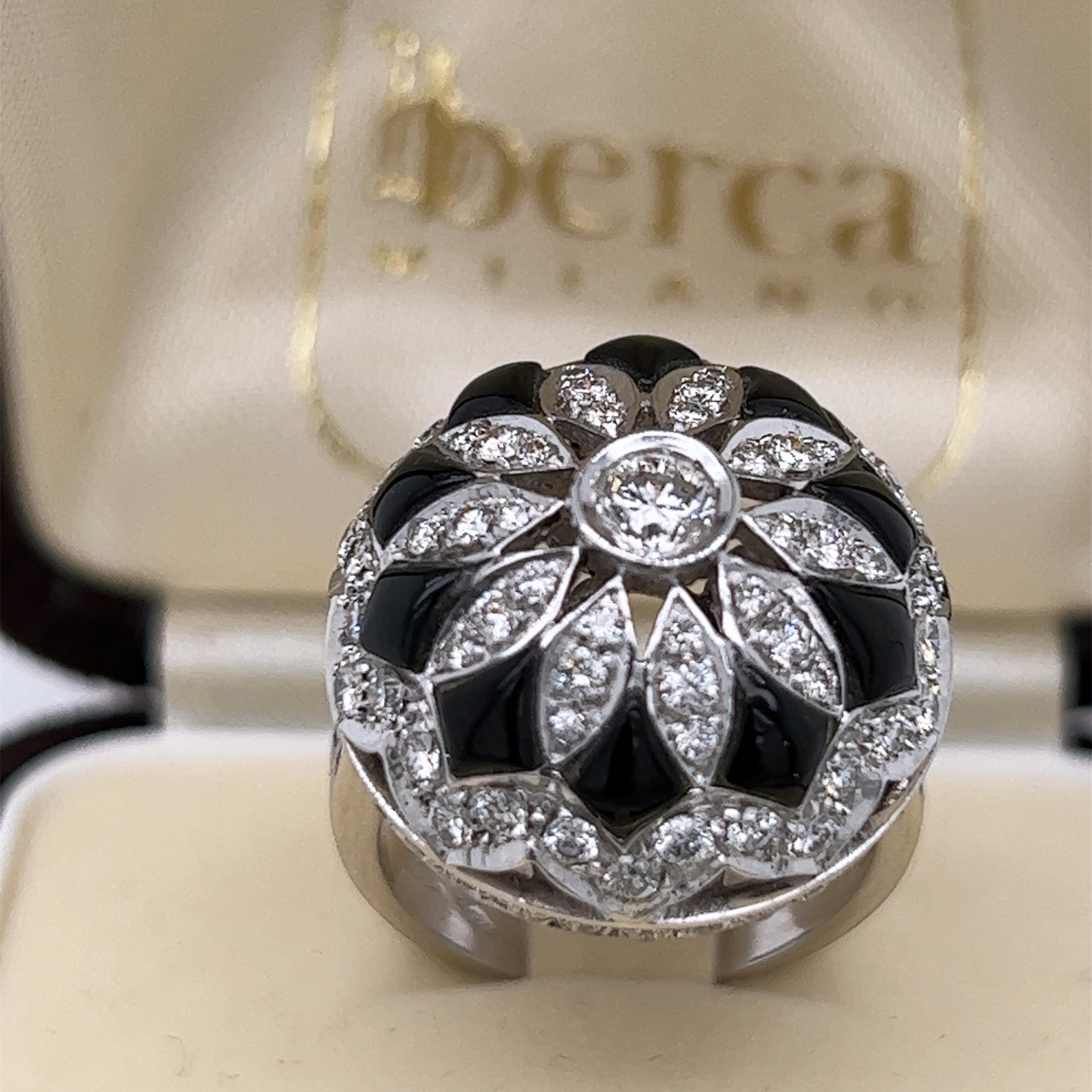 Brilliant Cut Berca 1.80 Kt White Diamond Onyx 18 Carat White Gold Setting Dome Cocktail Ring For Sale
