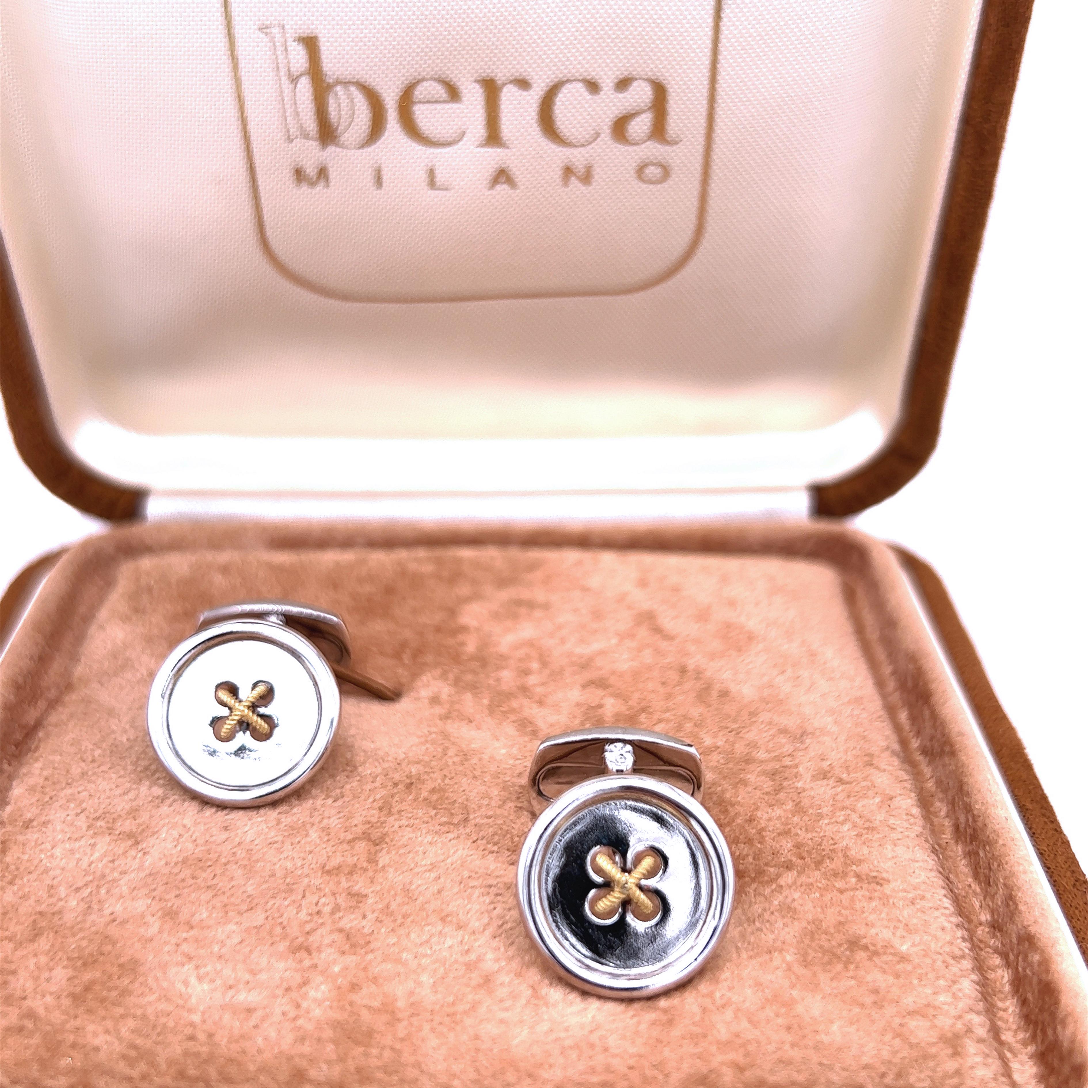 Contemporary Berca 18k Yellow Gold Thread Sterling Silver Button Shaped Cufflinks For Sale