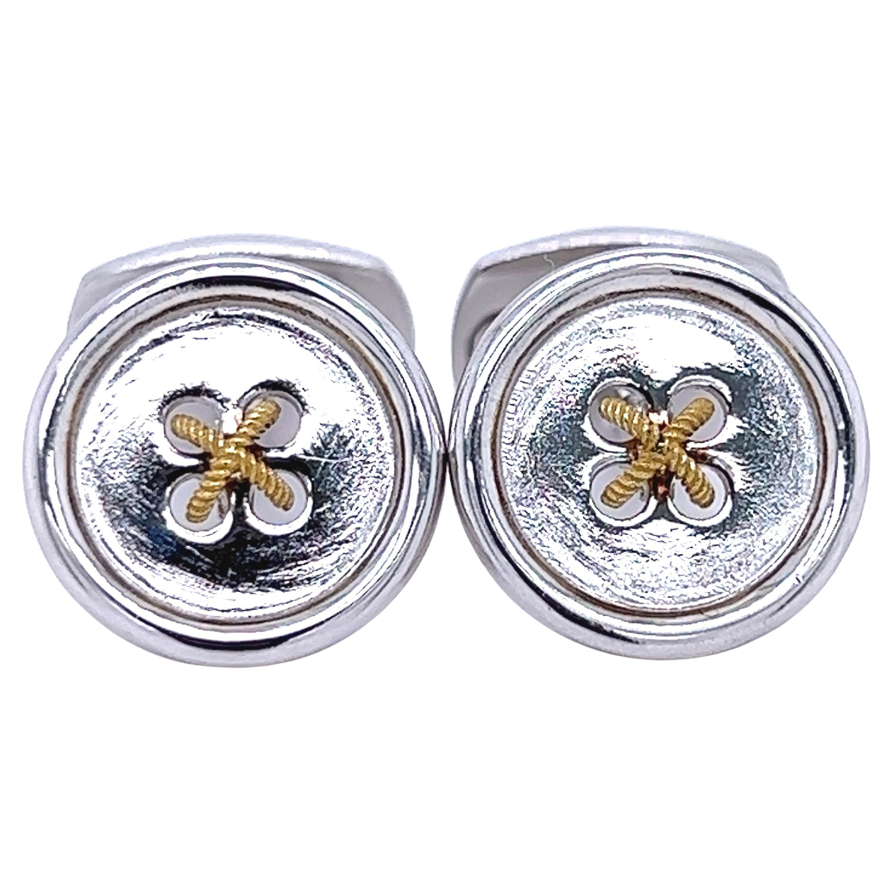 Berca 18k Yellow Gold Thread Sterling Silver Button Shaped Cufflinks For Sale