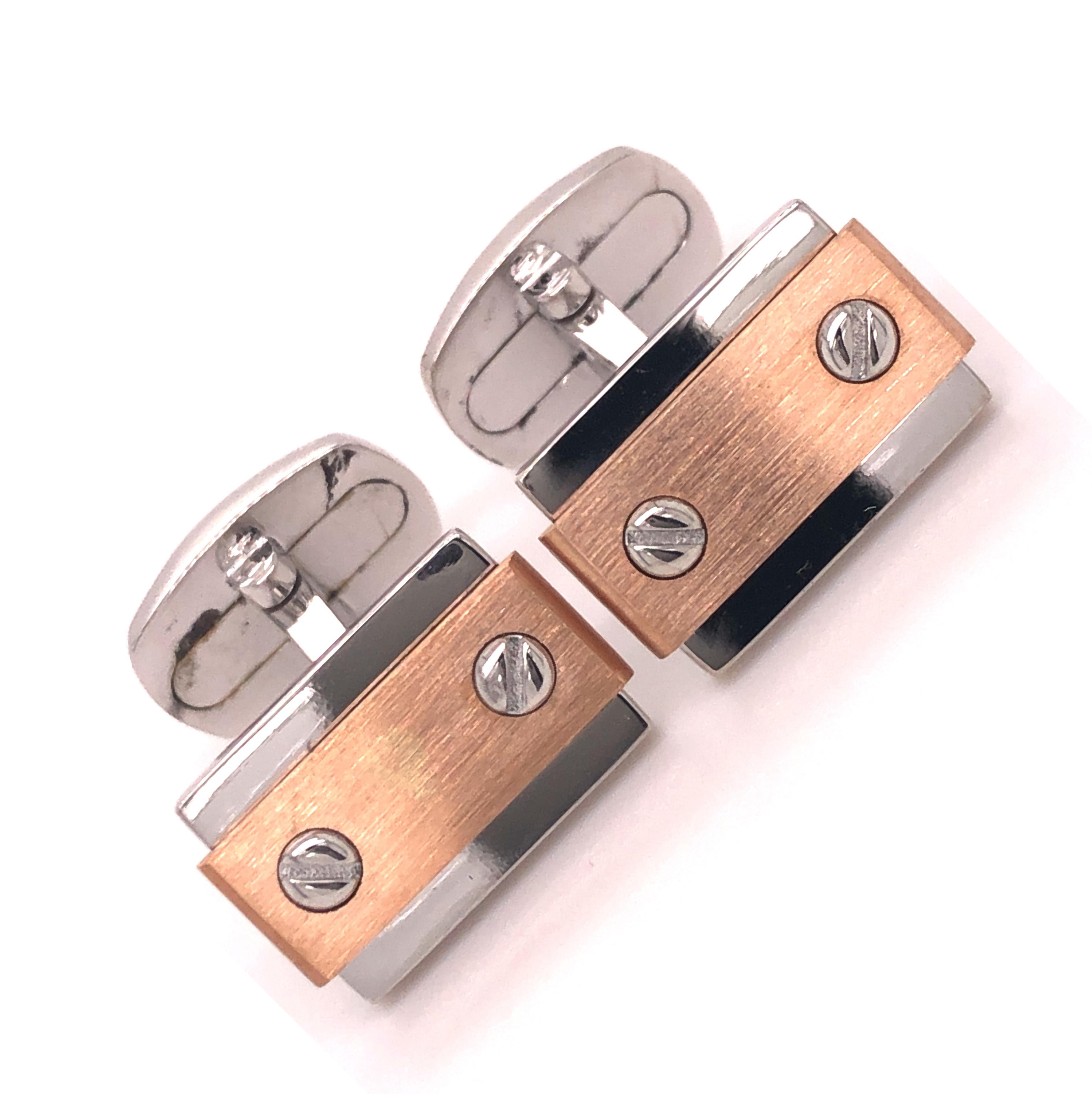 Chic and Timeless,  Brushed Rose Gold in a Rectagular Shaped, Mirror Finish Stetting, 18Kt Rose Gold Sterling Silver Cufflinks, T-bar back.
In our smart fitted Black Box and Pouch.
We are pleased to offer Custom Engraving to this piece.
